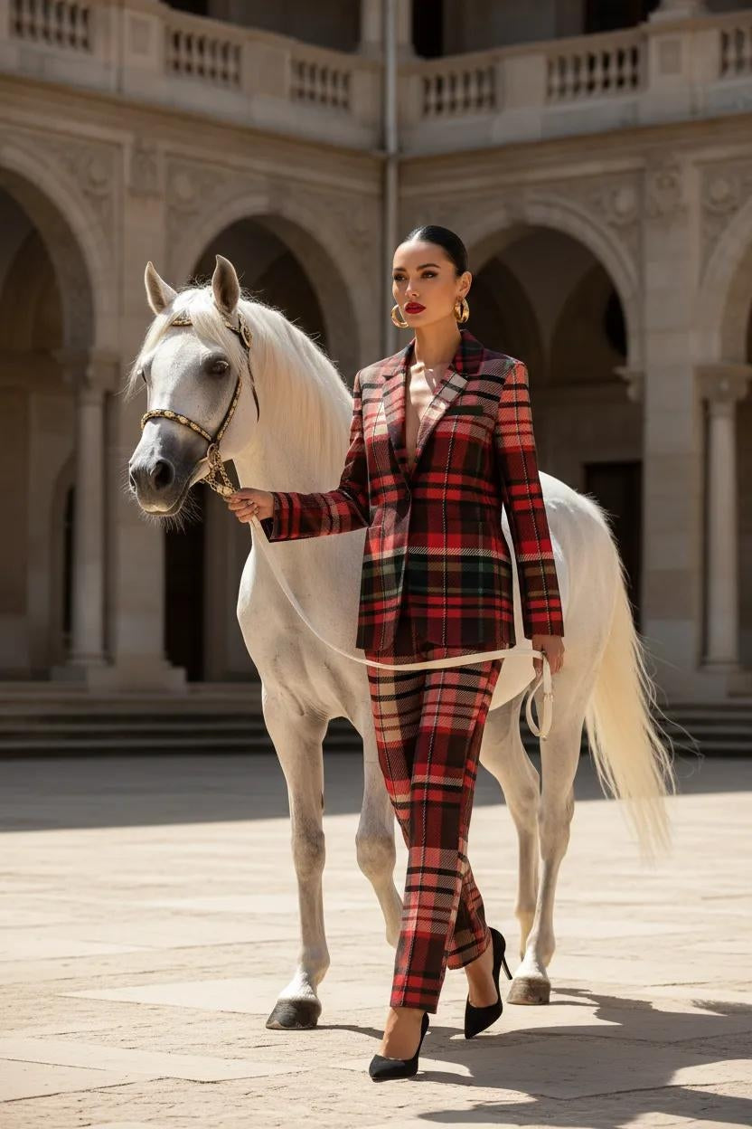Red plaid bold statement blazer for women with slim fit and matching pants