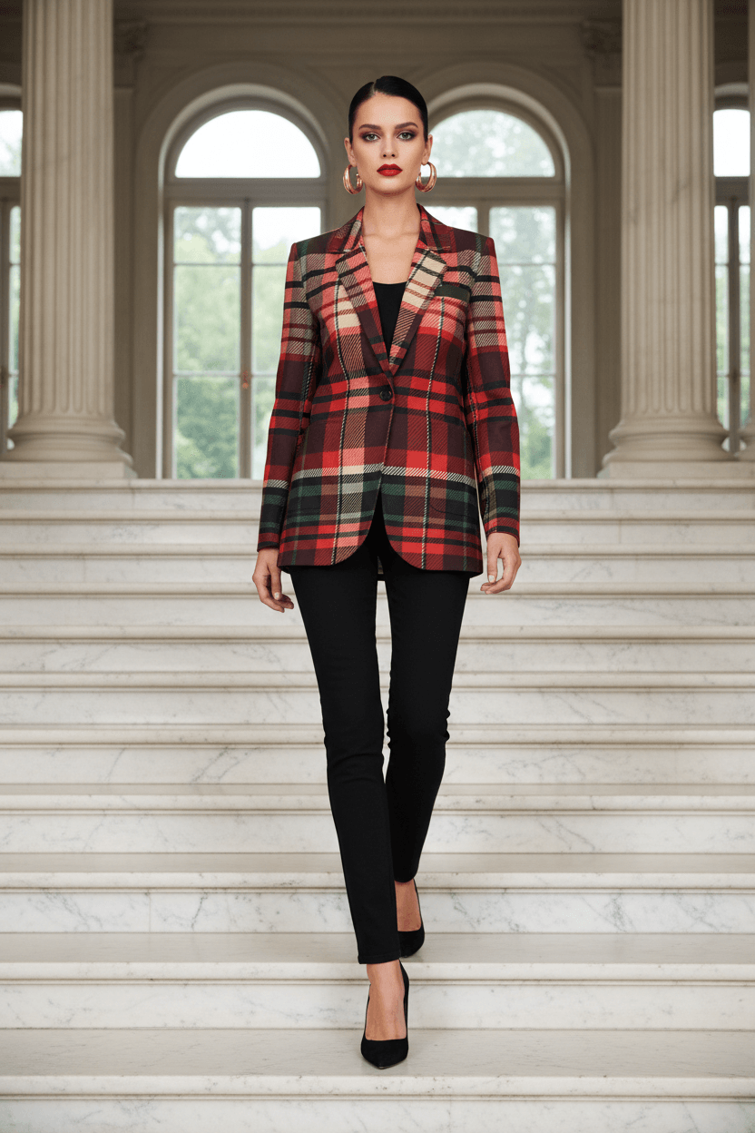 Red green plaid bold statement blazer for women tailored fit formal