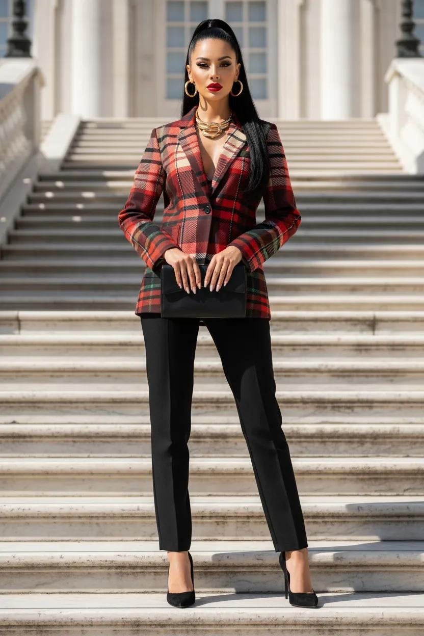 Red plaid bold statement blazer for women tailored fit office wear