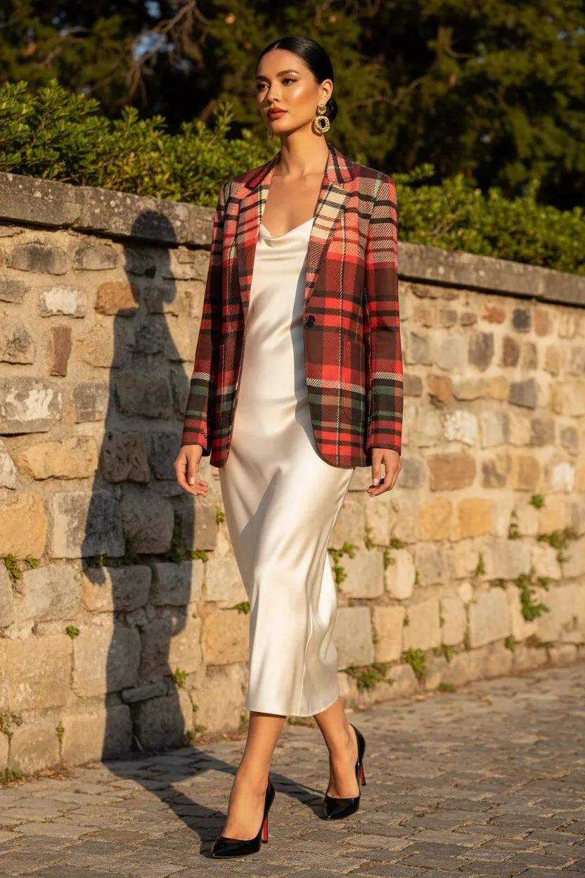 Red plaid bold statement blazer for women with tailored fit