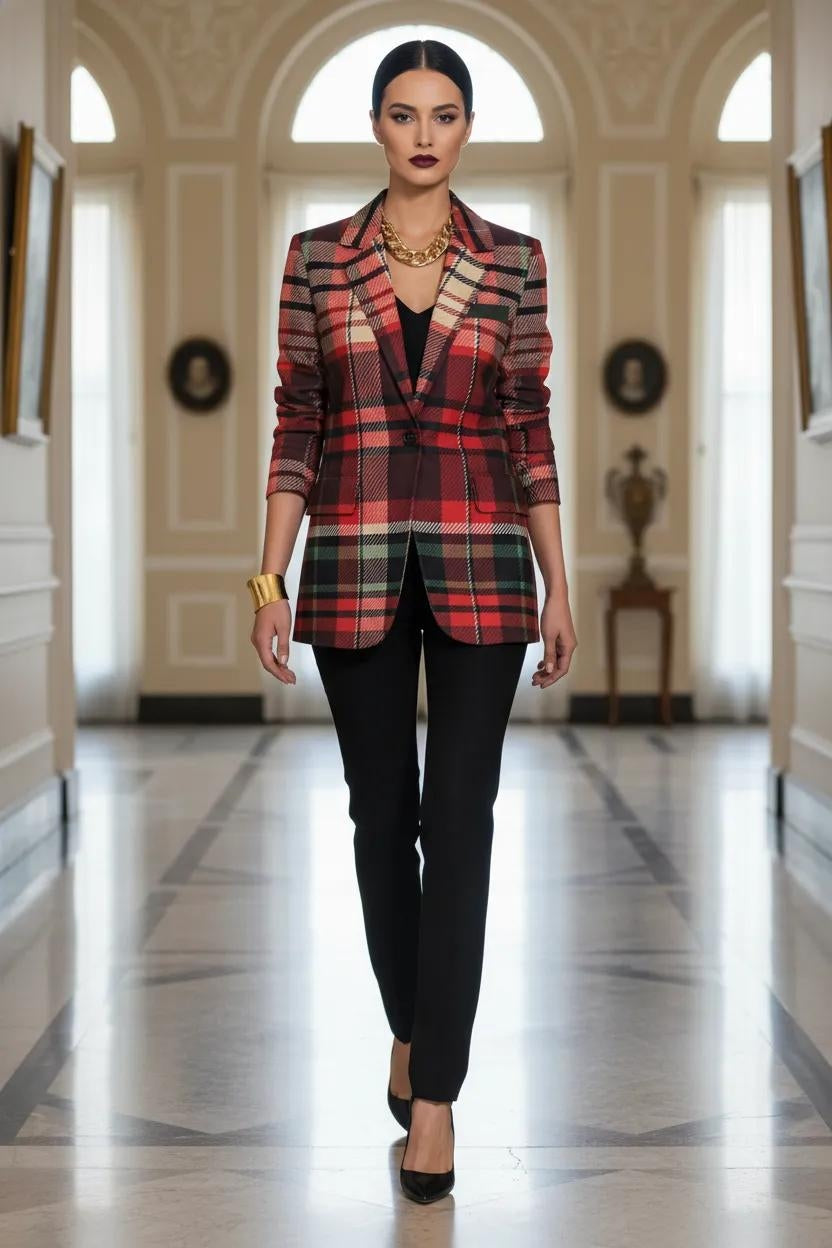 Red plaid bold statement blazer for women with tailored fit 