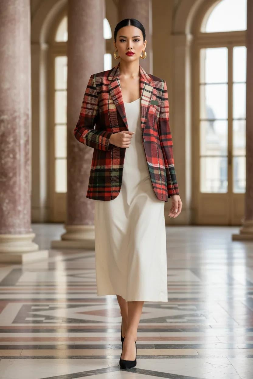 Red plaid bold statement blazer for women tailored fit formal