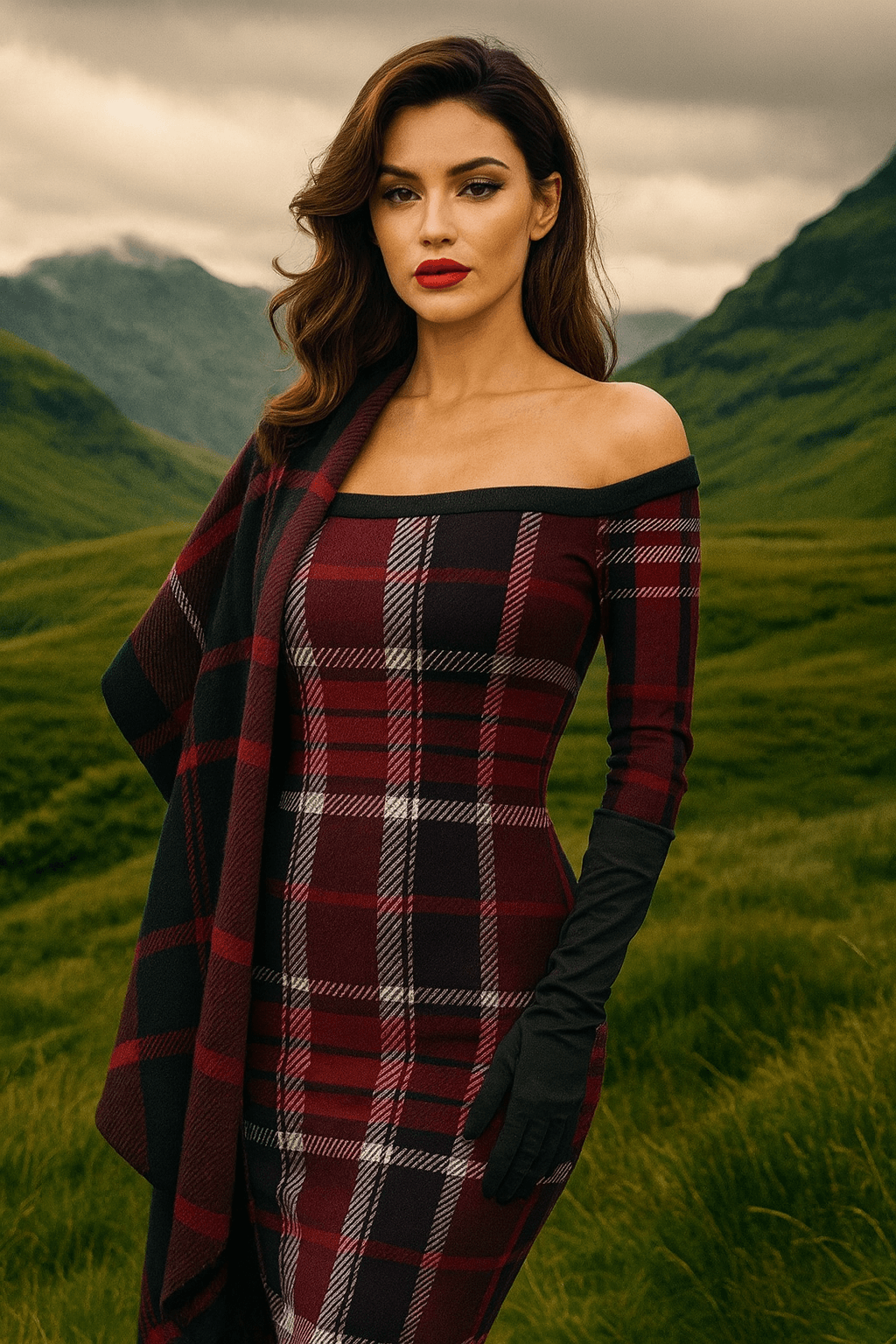 Elegant Bordeaux tartan off-shoulder bodycon dress by Angelic Blessings worn outdoors with matching shawl