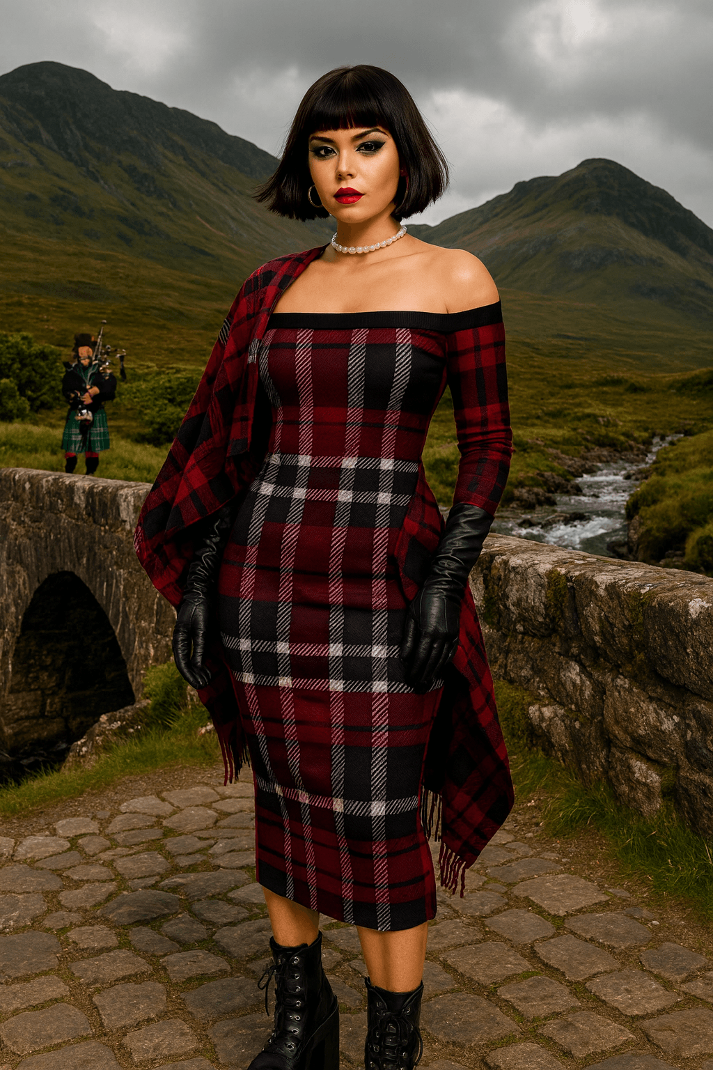 Angelic Blessings Bordeaux tartan off-shoulder bodycon dress worn outdoors with black gloves and boots