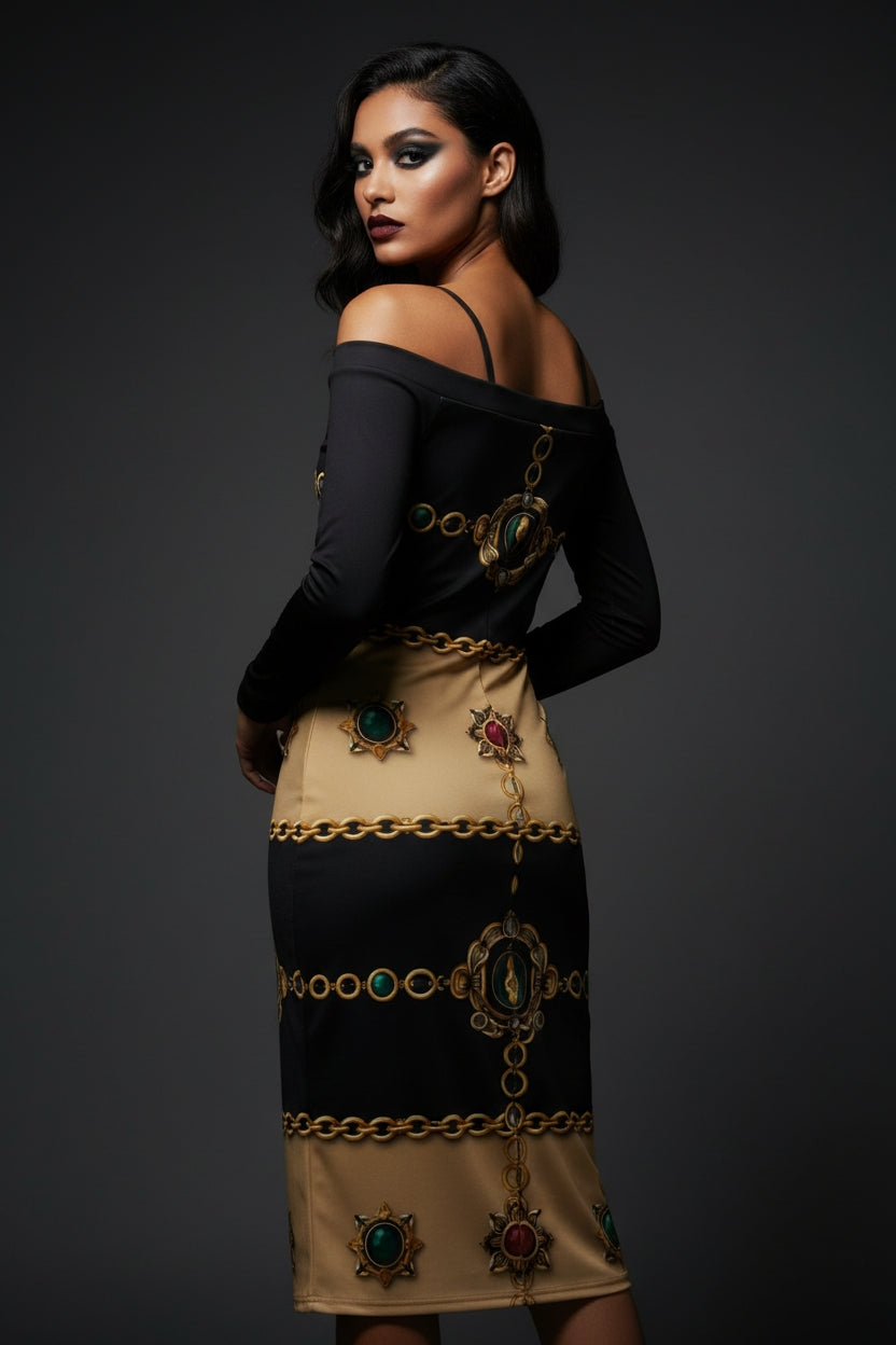 Angelic Blessings black and gold luxury cocktail dress with baroque pattern, side view perfect for elegant occasions