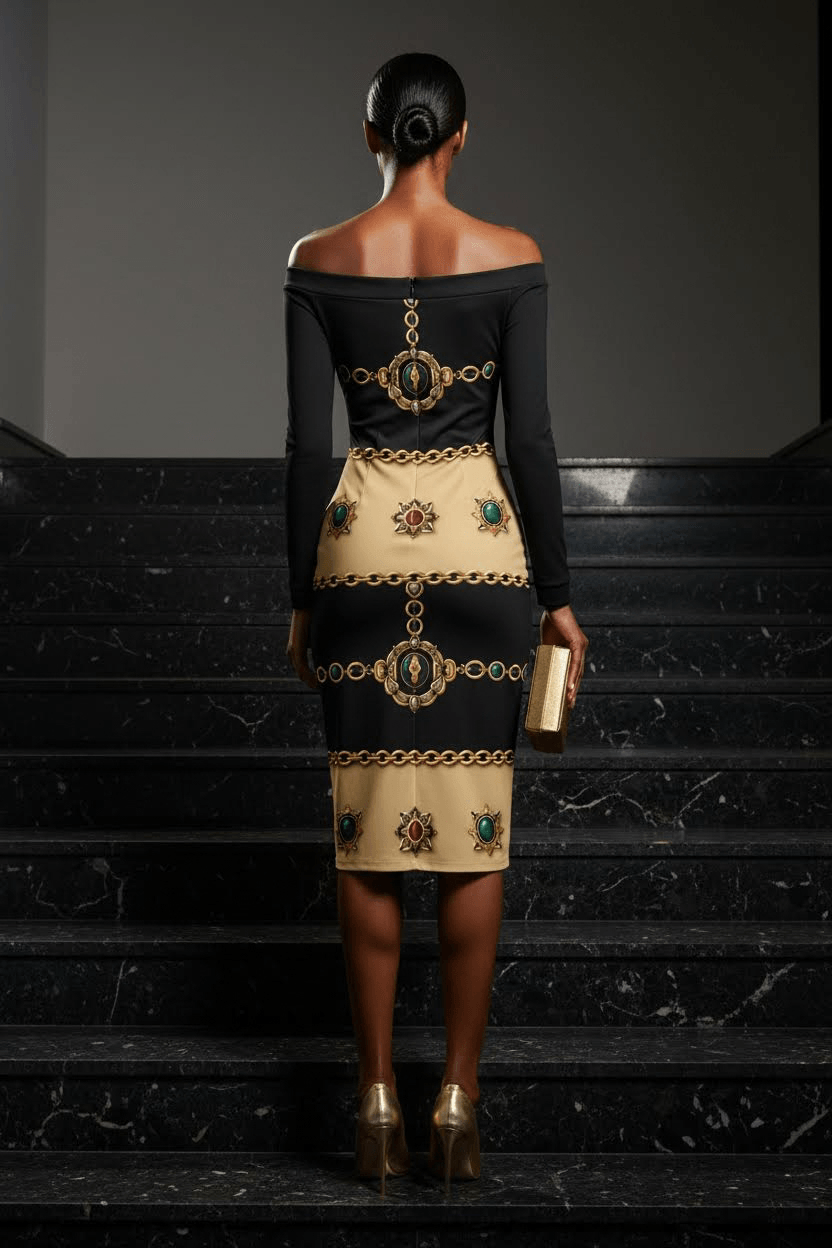 Back view of black and gold luxury cocktail dress with baroque pattern by Angelic Blessings, elegant for formal occasions