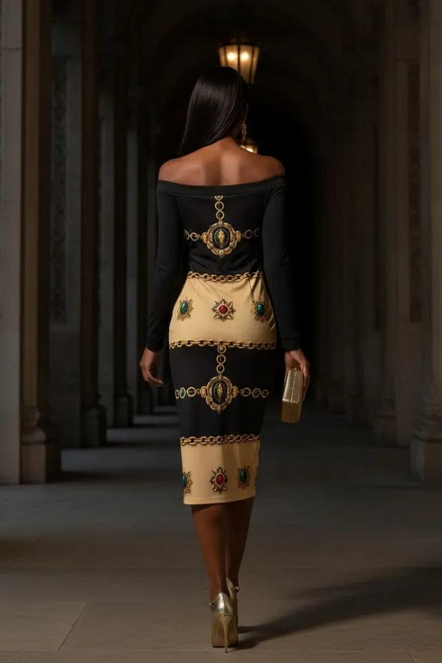 Back view of Angelic Blessings black and gold luxury cocktail dress with baroque pattern, off-shoulder design for elegant occasions
