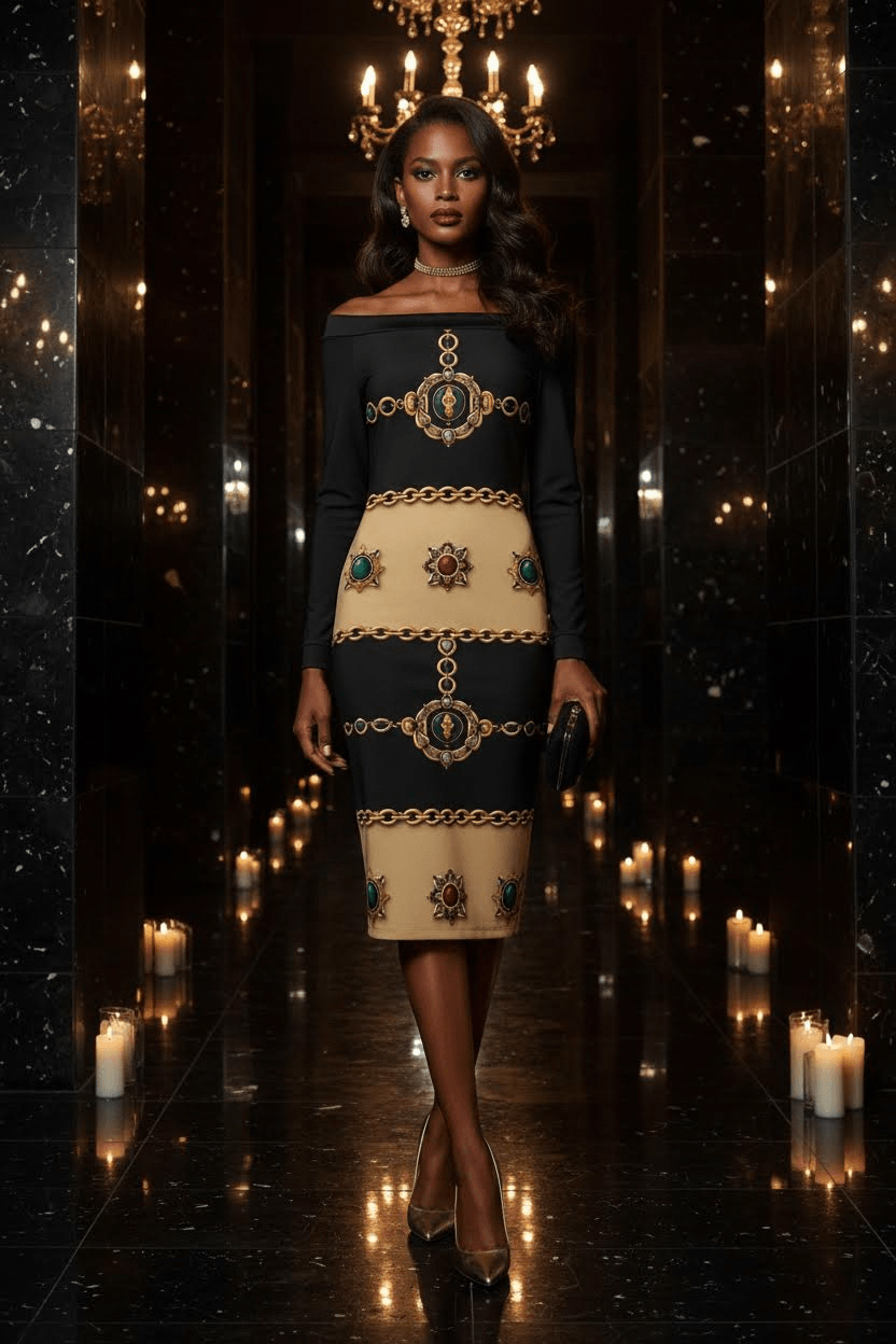 Front view of Angelic Blessings black and gold luxury cocktail dress with baroque pattern, perfect for elegant evening occasions