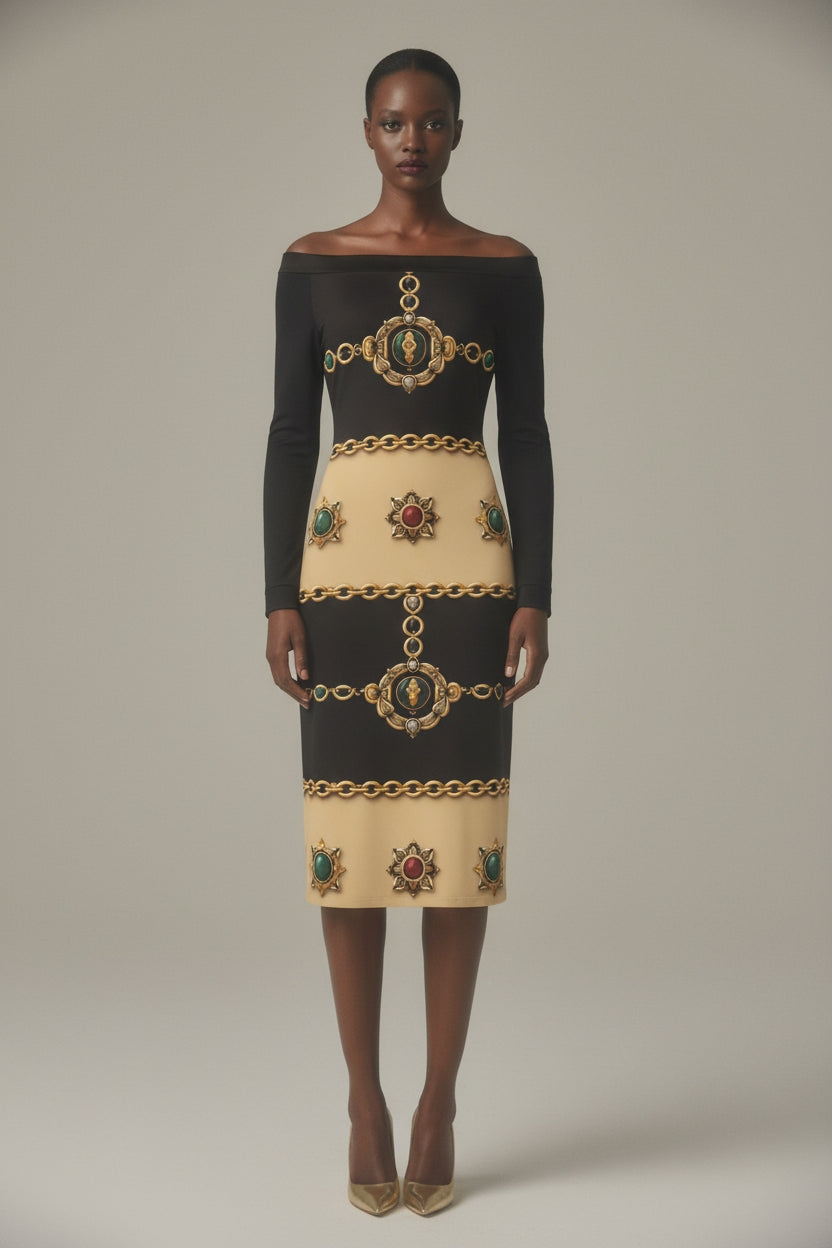 Front view of Angelic Blessings black and gold luxury cocktail dress with baroque pattern, off-shoulder design perfect for elegant occasions