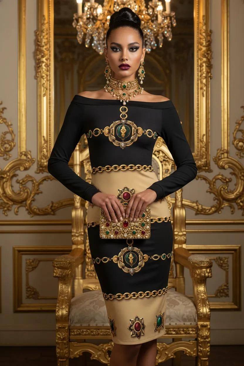Angelic Blessings black and gold luxury cocktail dress with baroque pattern, front view for elegant occasions