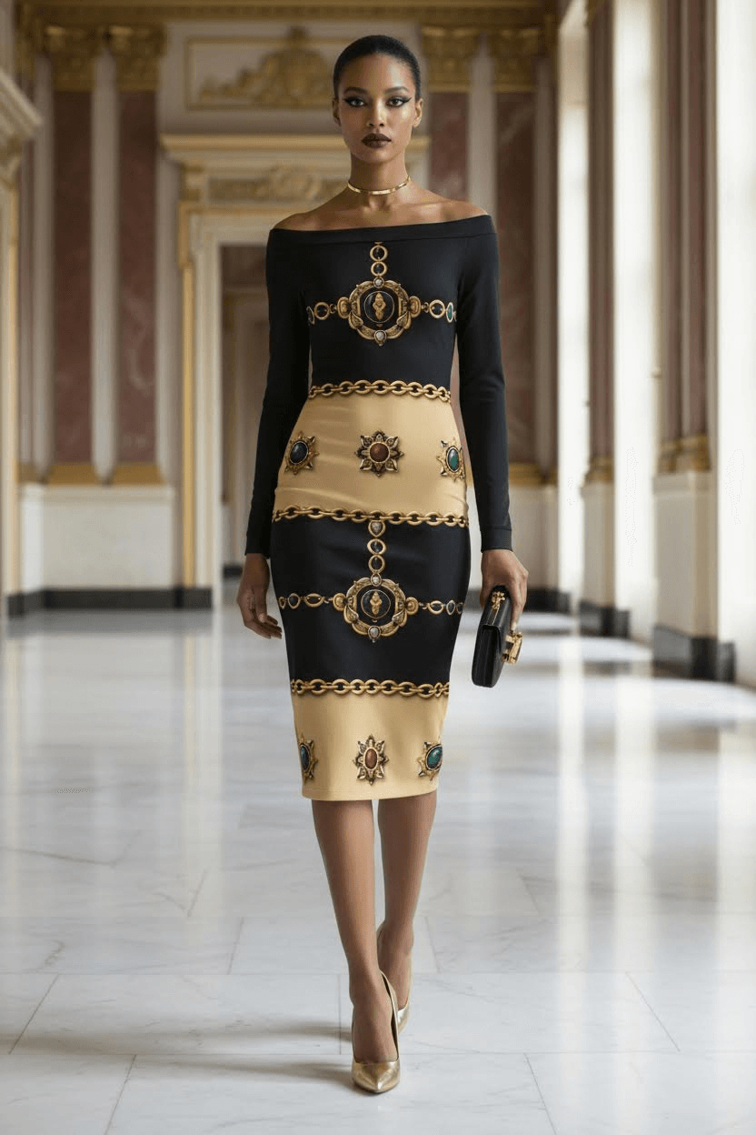 Front view of Angelic Blessings black and gold luxury cocktail dress with baroque pattern for elegant occasions