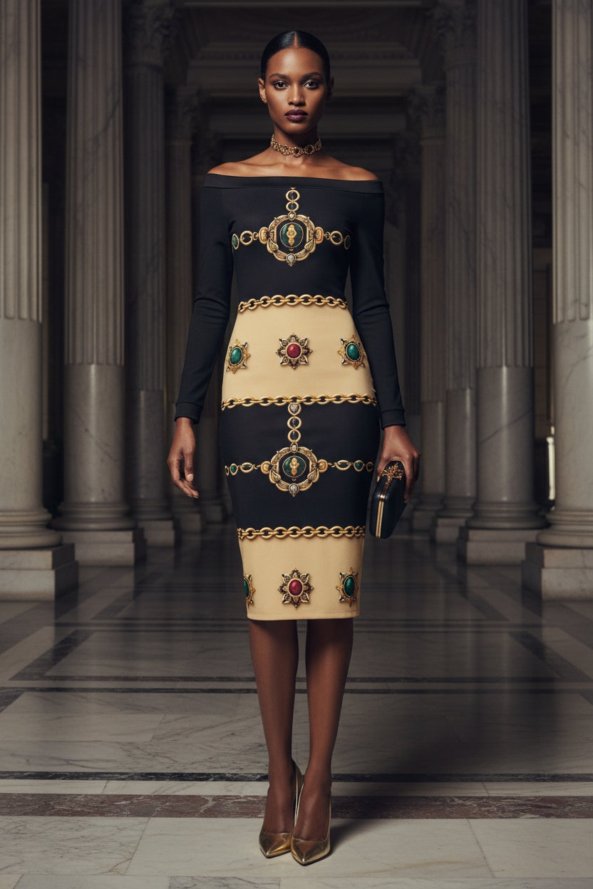 Front view of black and gold luxury cocktail dress with baroque patterns and long sleeves for formal occasions