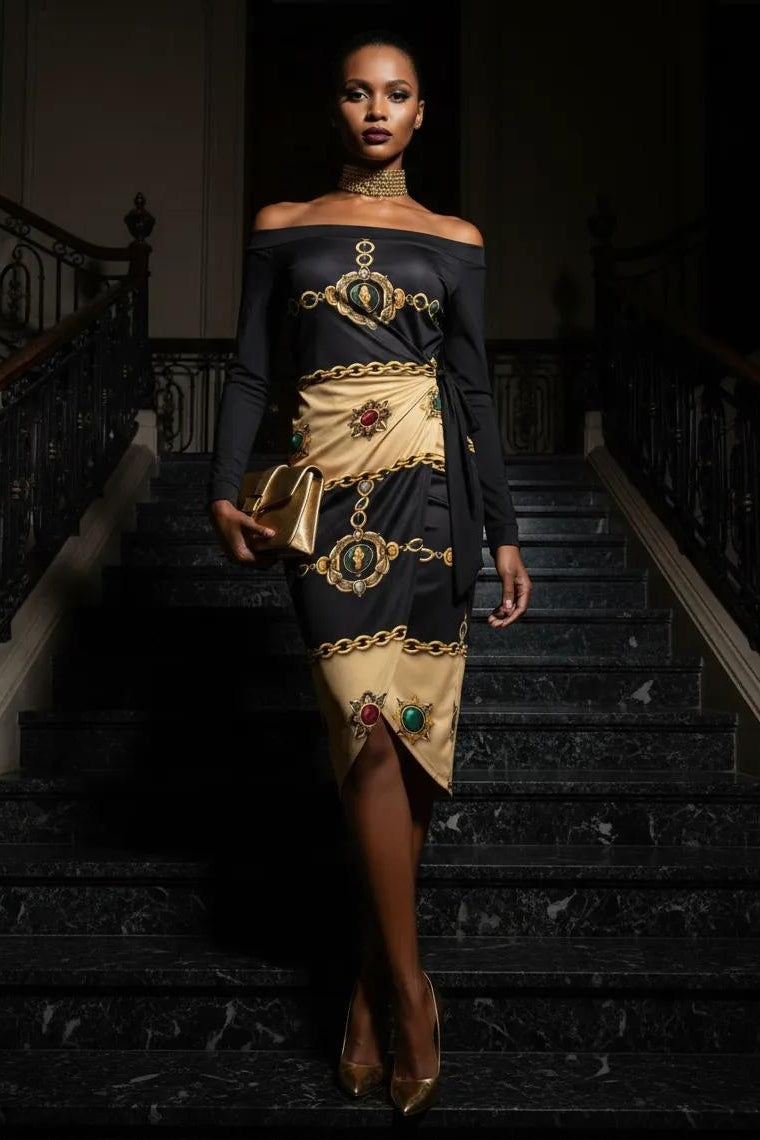 Front view of Angelic Blessings black and gold luxury cocktail dress with baroque patterns for elegant evening events