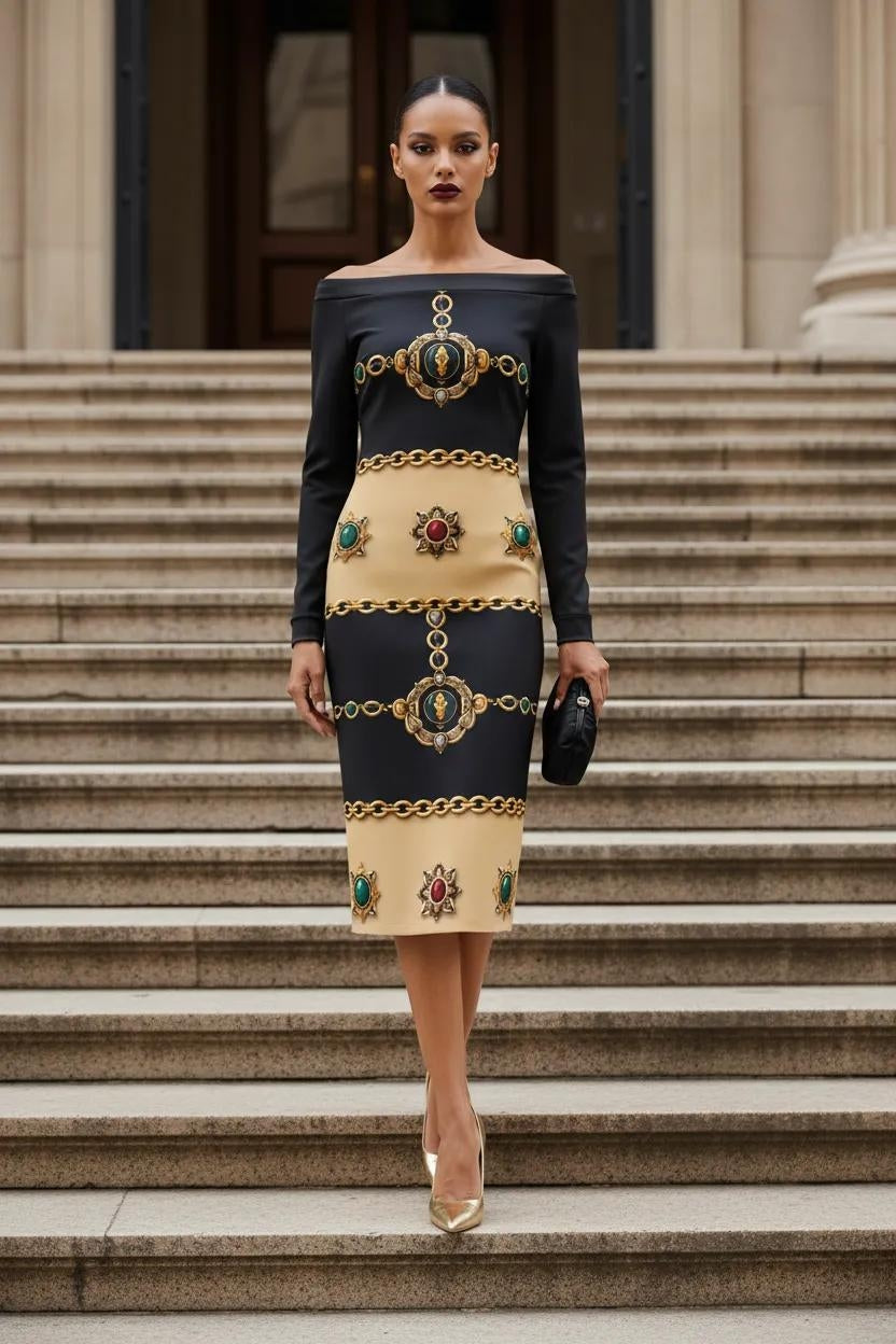 Front view of Angelic Blessings black and gold luxury cocktail dress with baroque pattern for elegant events