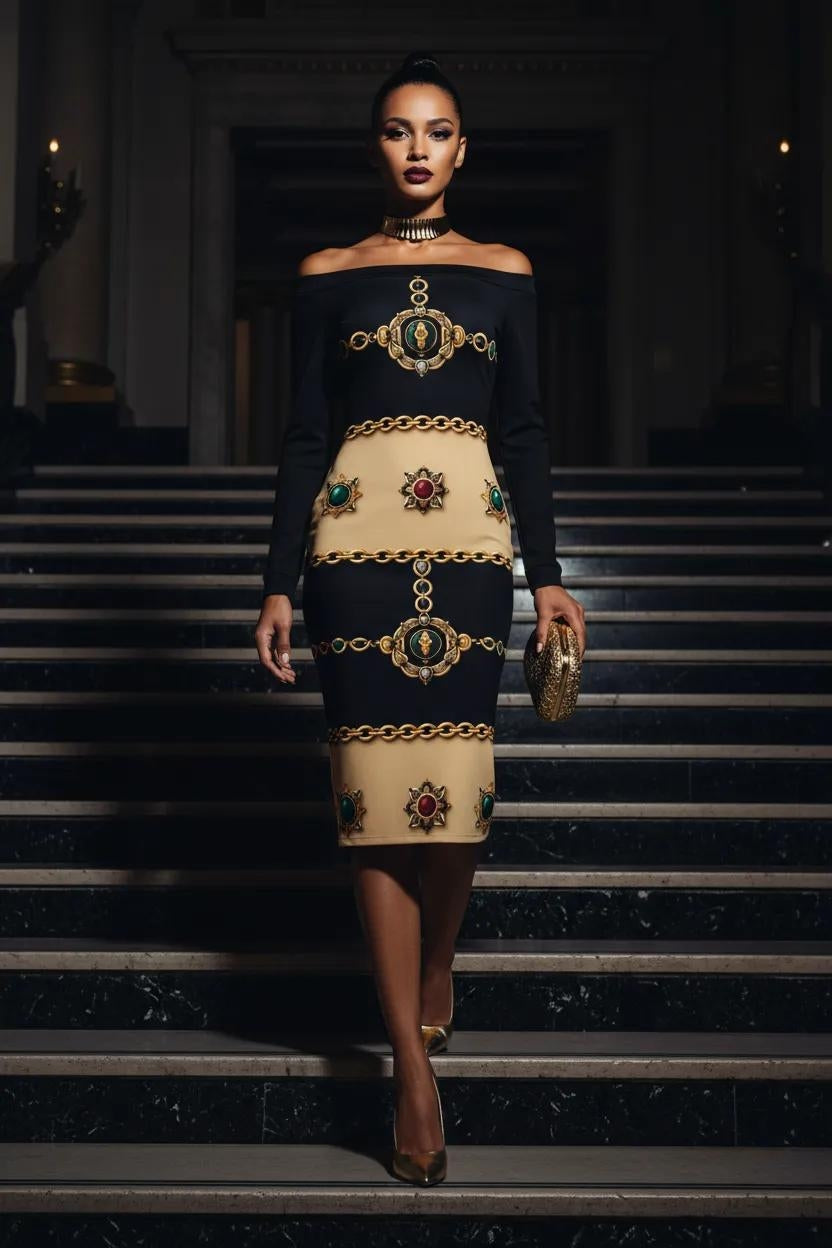 Front view of black and gold luxury cocktail dress with baroque pattern by Angelic Blessings for evening occasions