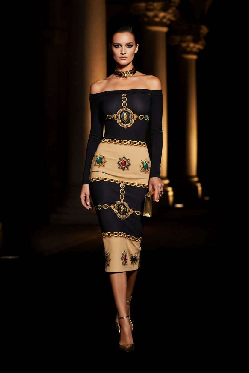 Front view of Angelic Blessings black and gold luxury cocktail dress with baroque patterns and off-shoulder design