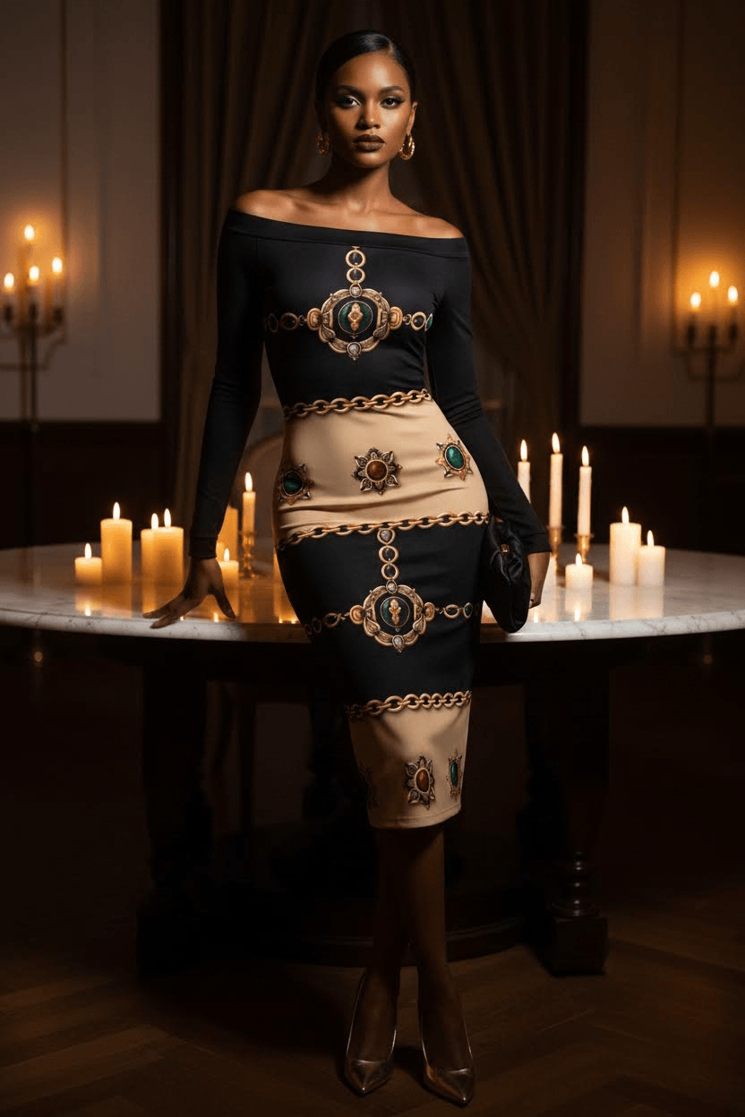 Angelic Blessings black and gold luxury cocktail dress with baroque pattern, off-shoulder front view for elegant occasions