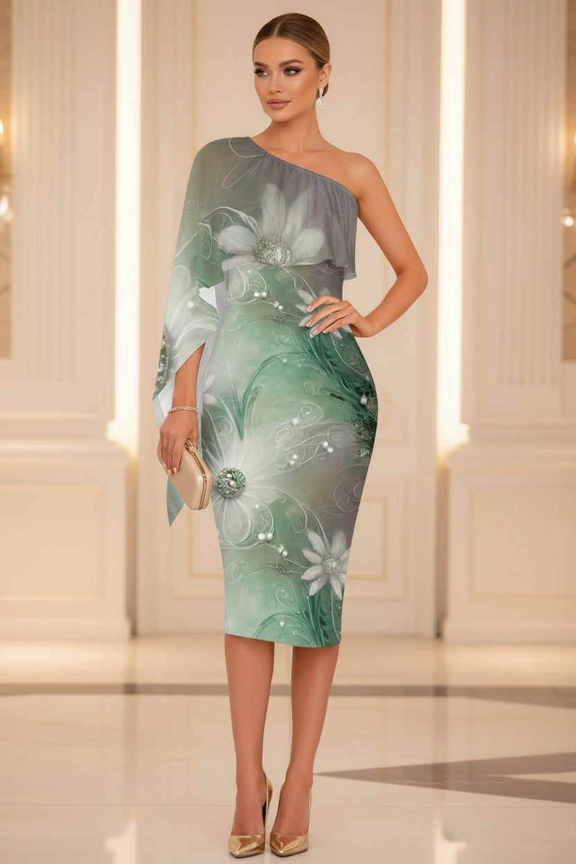 Angelic Blessings luxury cocktail dress for women in green with large floral pattern one-shoulder front view