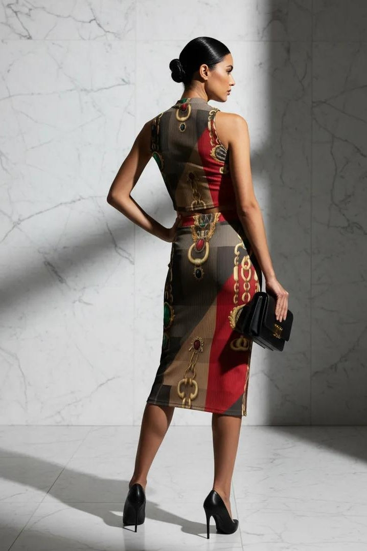 Back view of Angelic Blessing sleeveless baroque print dress in red and brown for modern European fashion set formal occasions