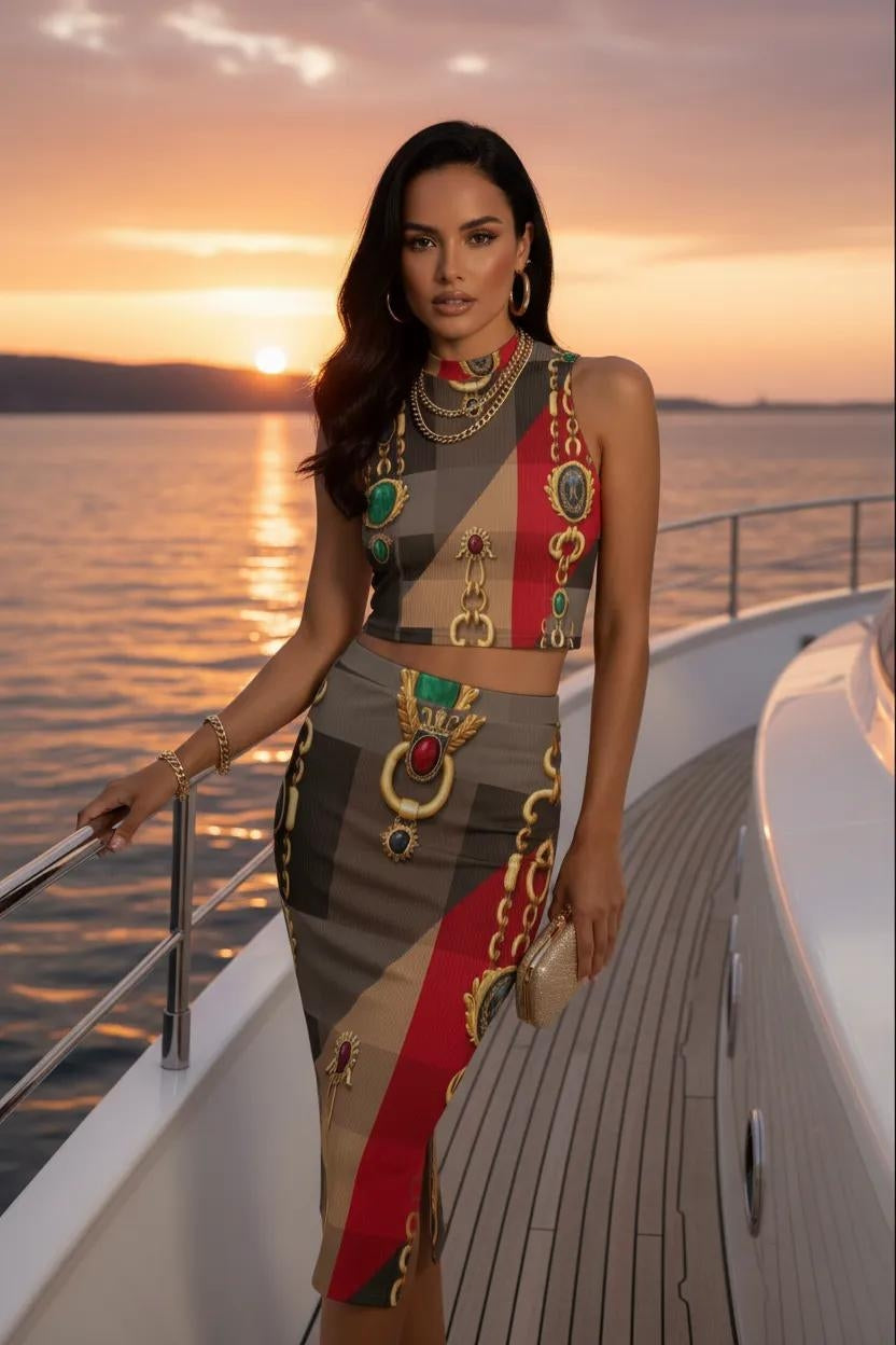 Angelic Blessing baroque print modern European fashion set with sleeveless crop top and pencil skirt in bold colors, front view