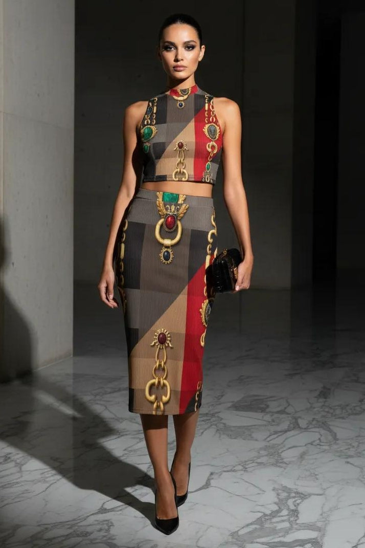 Front view of a modern European fashion set by Angelic Blessing featuring a sleeveless baroque print crop top and matching pencil skirt