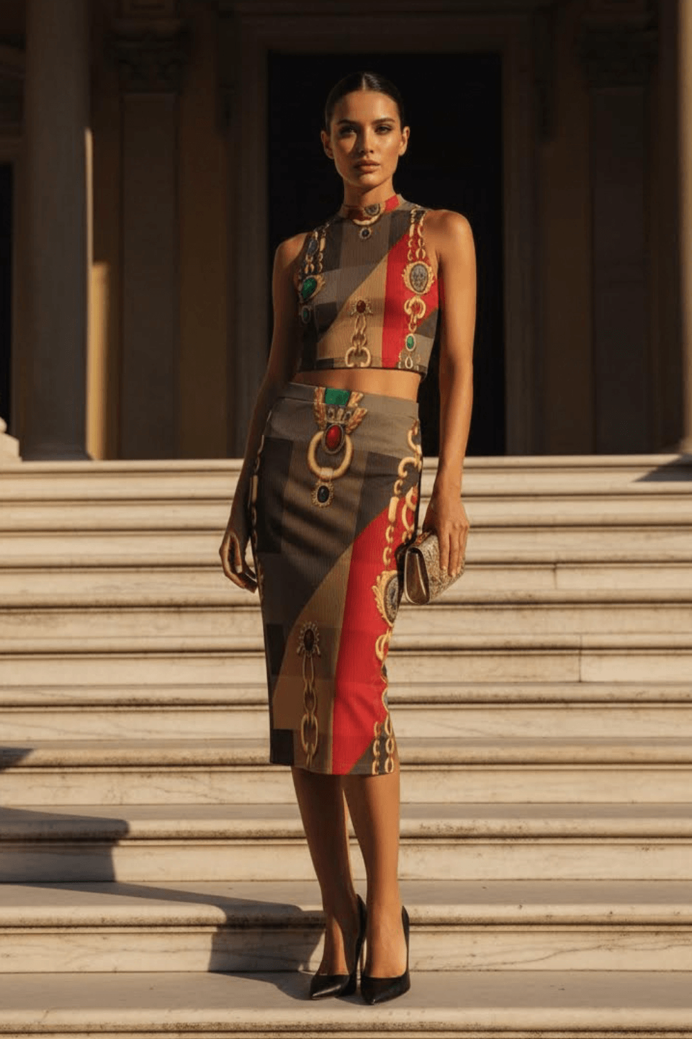 Angelic Blessing modern European fashion set featuring a sleeveless baroque patterned crop top and pencil skirt in red and brown front view