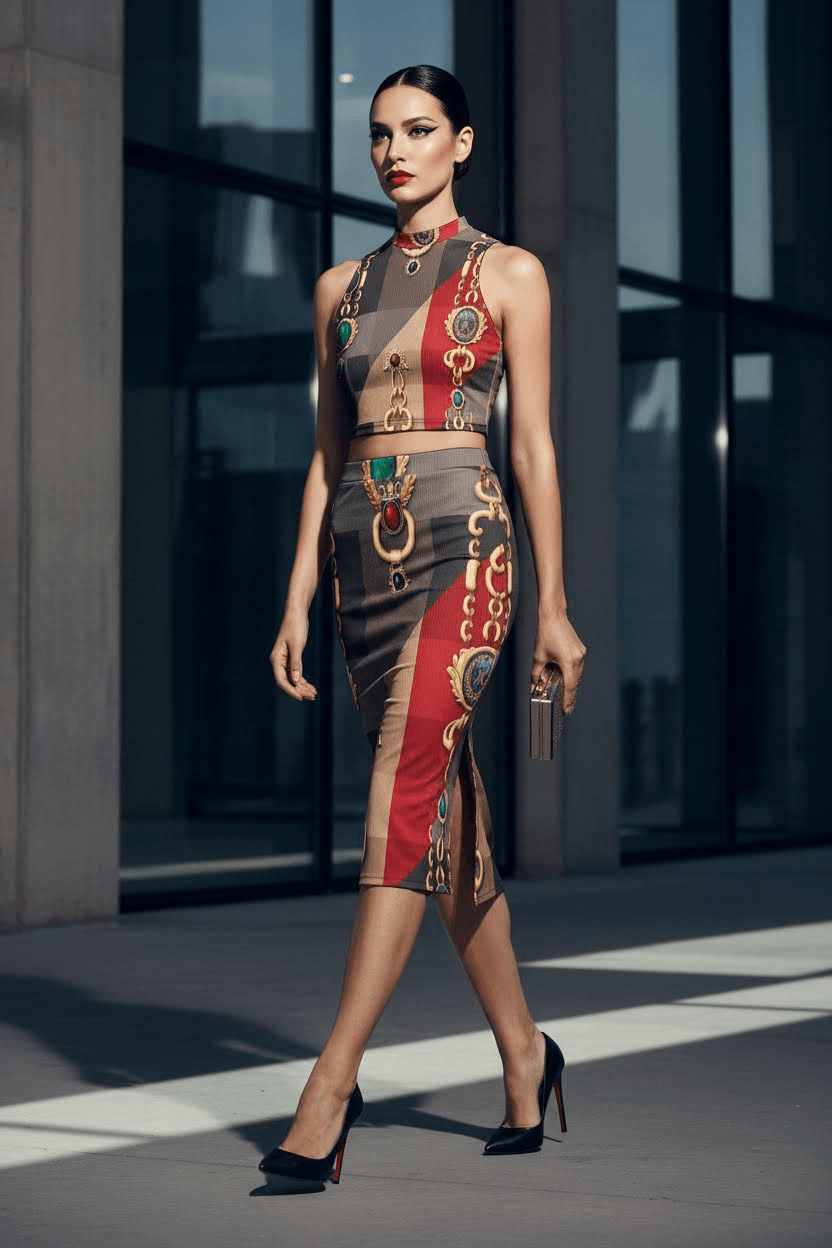 Angelic Blessing modern European fashion set featuring a sleeveless baroque patterned crop top and matching skirt in red and brown, front view