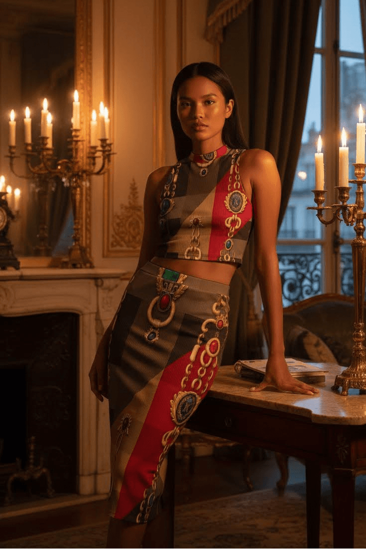 Angelic Blessing modern European fashion set featuring a sleeveless baroque pattern crop top and matching skirt in warm tones front view