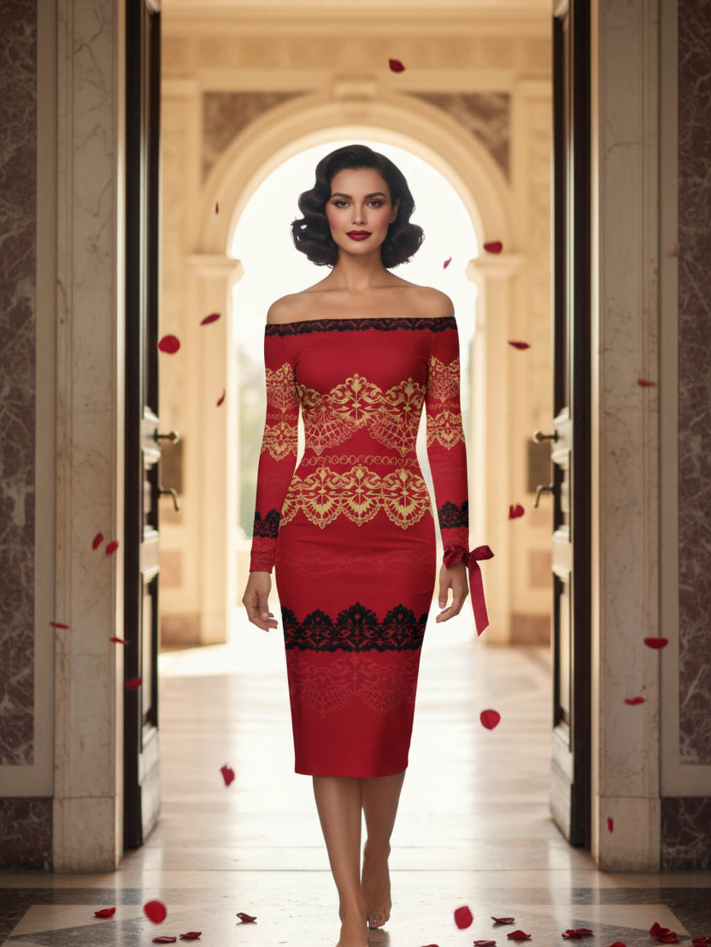 Angelic Blessings Shop off-the-shoulder long sleeve midi dress in red with black lace detailing