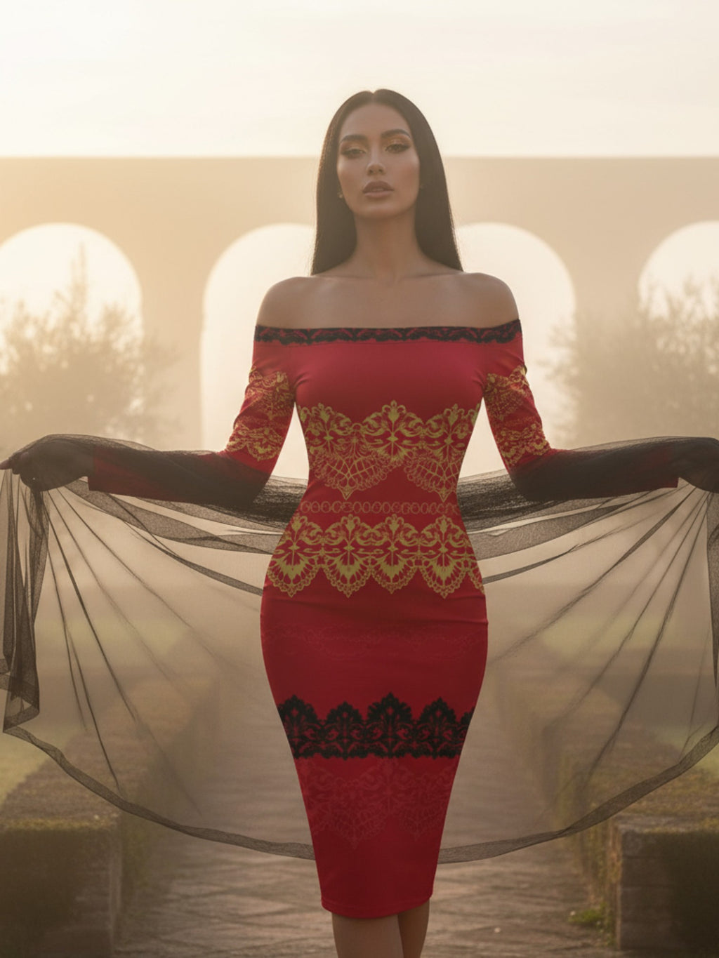 Angelic Blessings Shop off-the-shoulder long sleeve midi dress in red with gold and black lace details