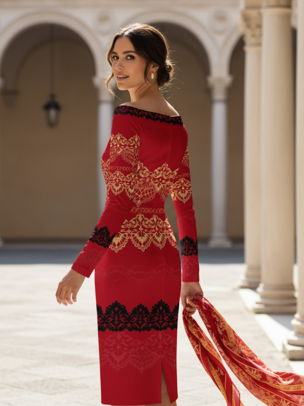 Red off-the-shoulder long sleeve midi dress with gold and black lace patterns by Angelic Blessings Shop