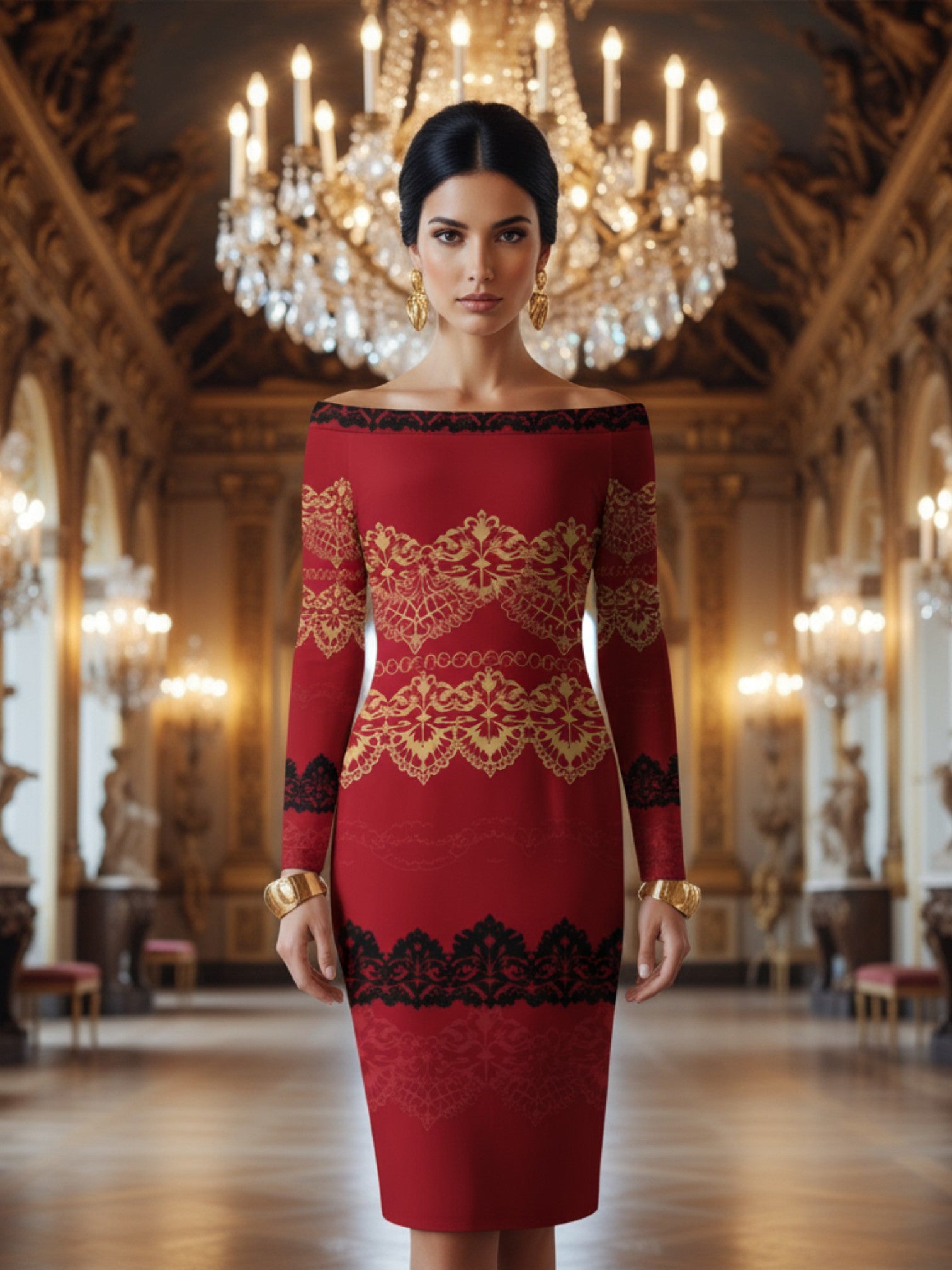 Angelic Blessings Shop off-the-shoulder long sleeve midi dress in red with gold and black lace detailing