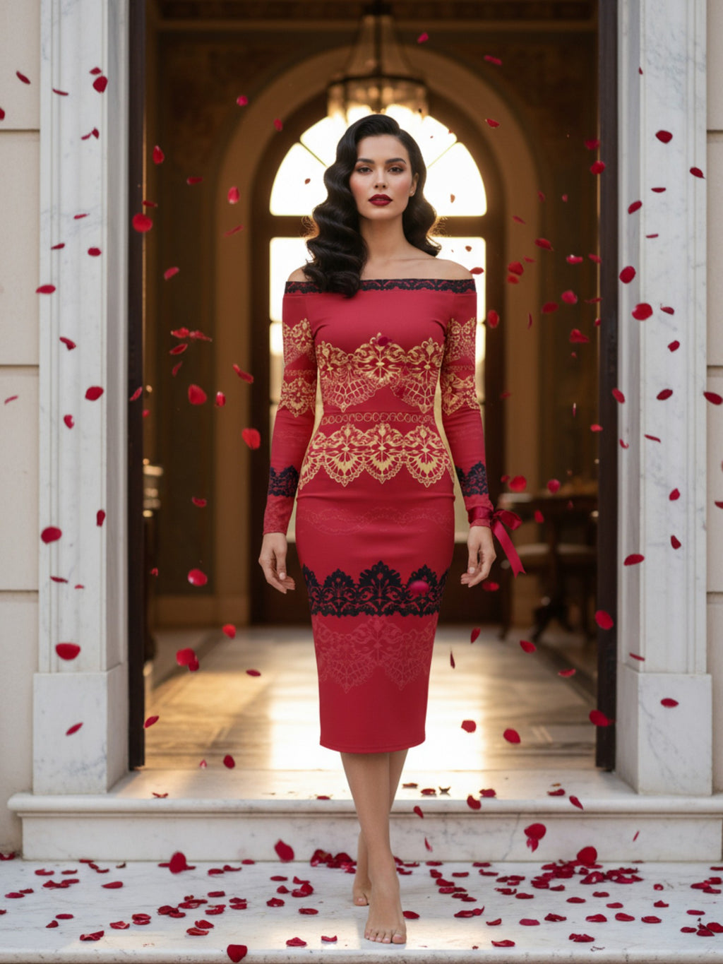 Angelic Blessings Shop elegant red off-the-shoulder long sleeve midi dress with intricate gold and black lace detailing