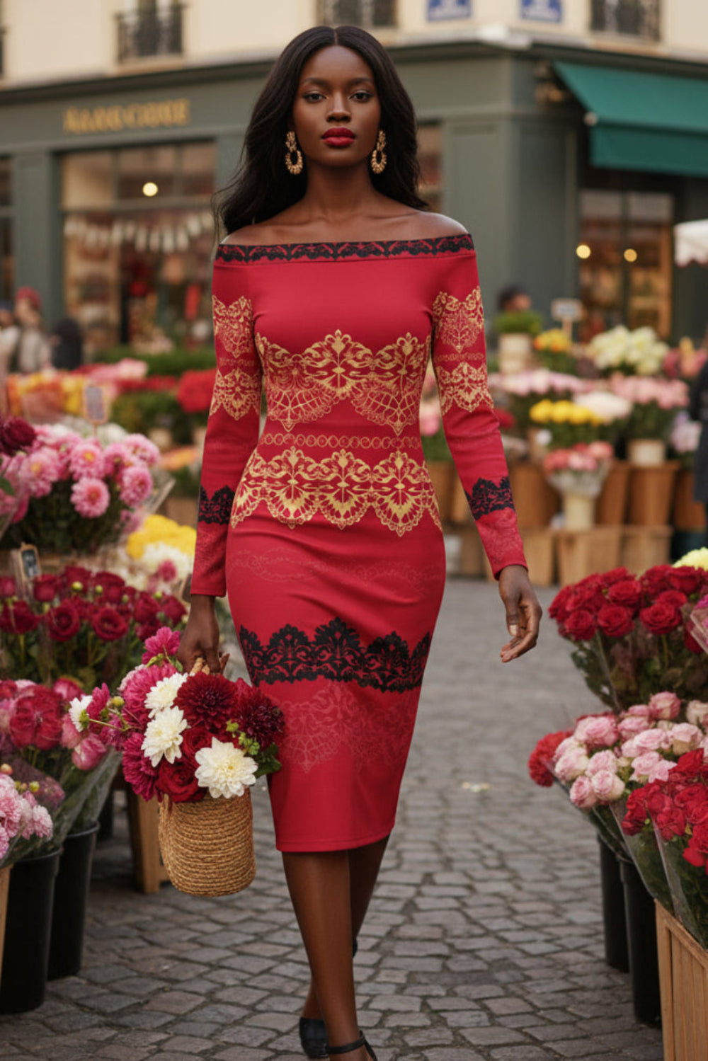Angelic Blessings Shop red off-the-shoulder long sleeve midi dress with gold and black lace details