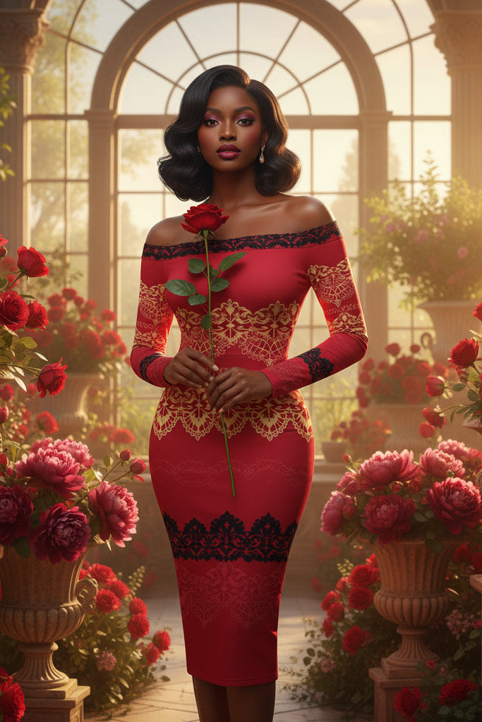 Angelic Blessings Shop off-the-shoulder long sleeve midi dress in red with black lace details