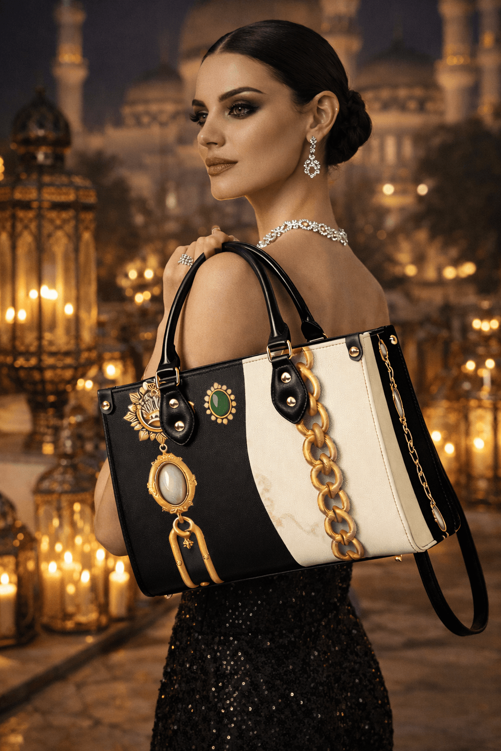 Black and white PU leather designer handbag for women with gold chain and jewel pattern, side view, elegant evening occasion