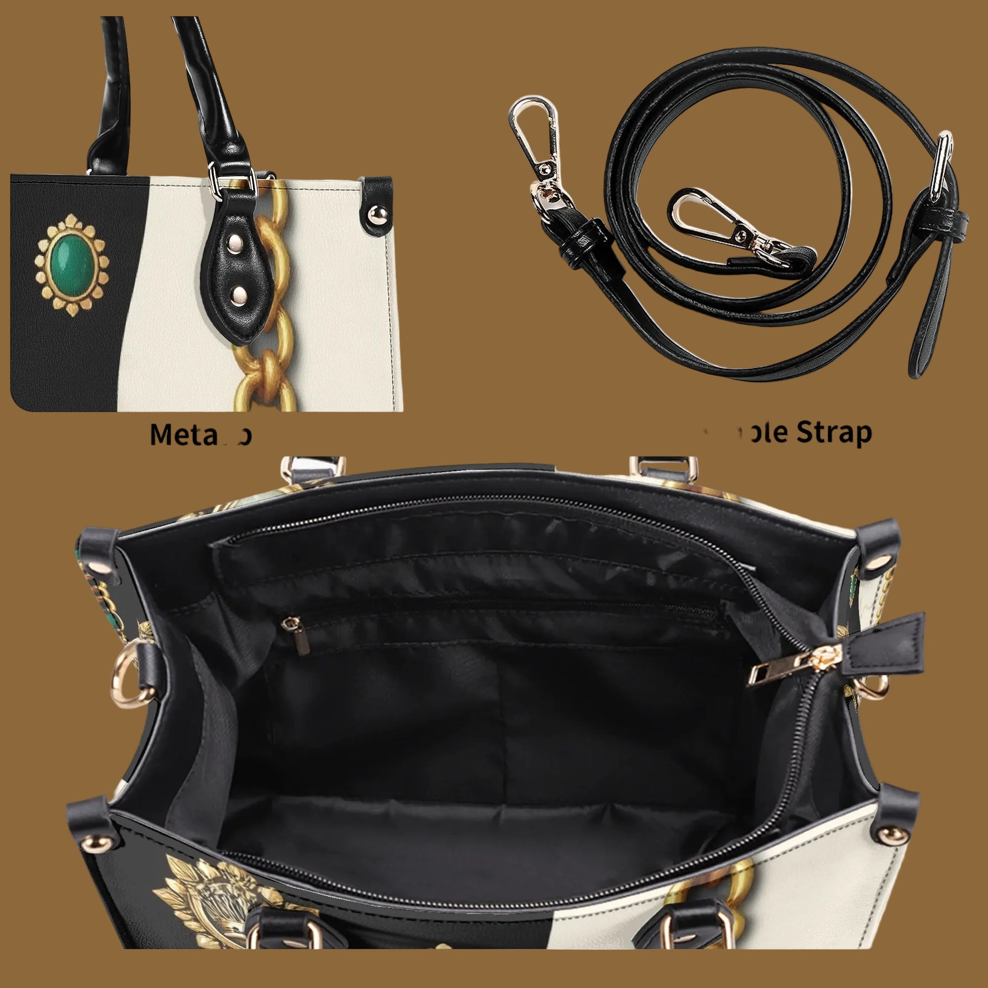 Black and white PU leather designer handbag for women with gold chain and jewel print front, plus detachable strap, open interior view