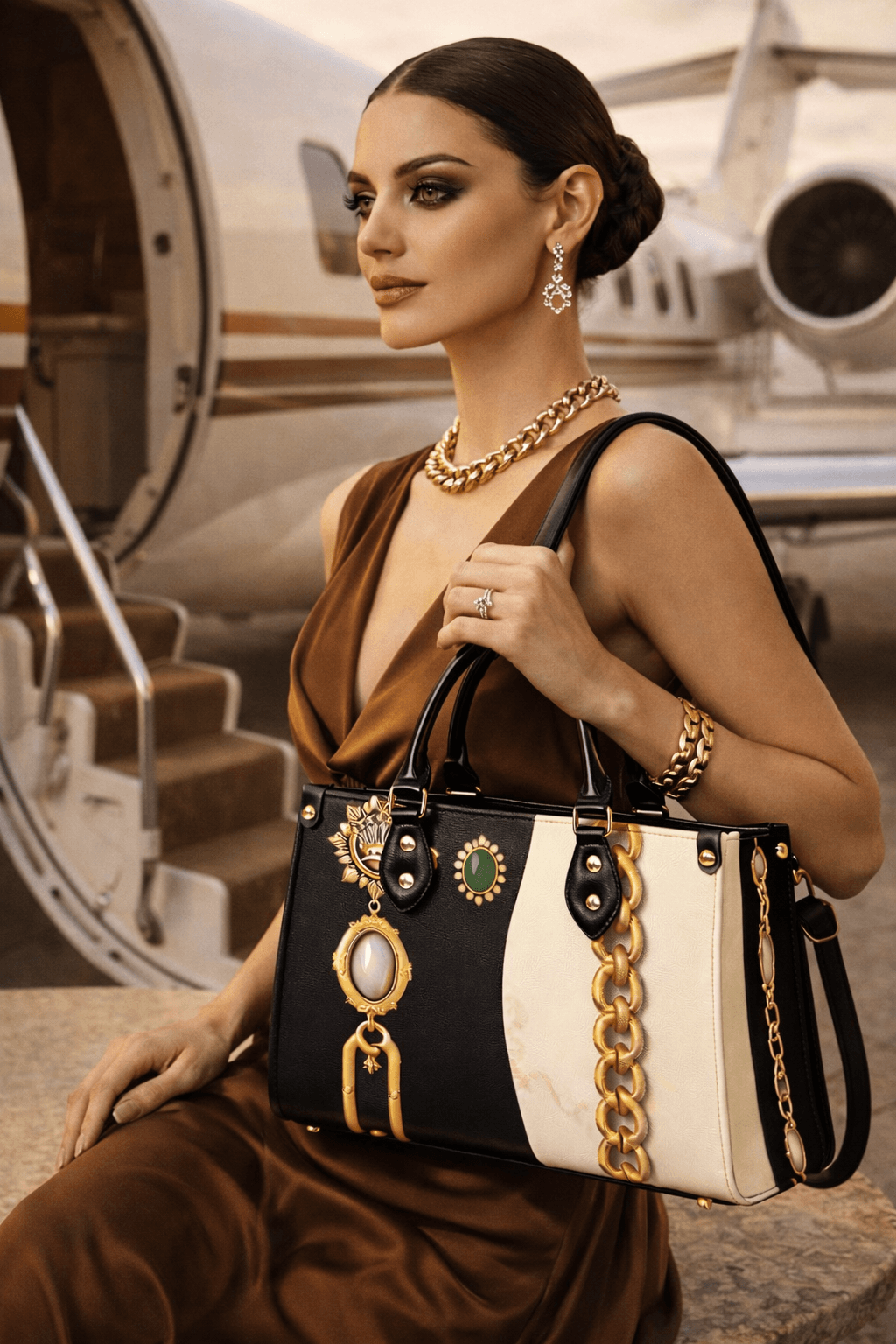 PU leather designer handbag for women in black and white with gold chain detail front view elegant occasion