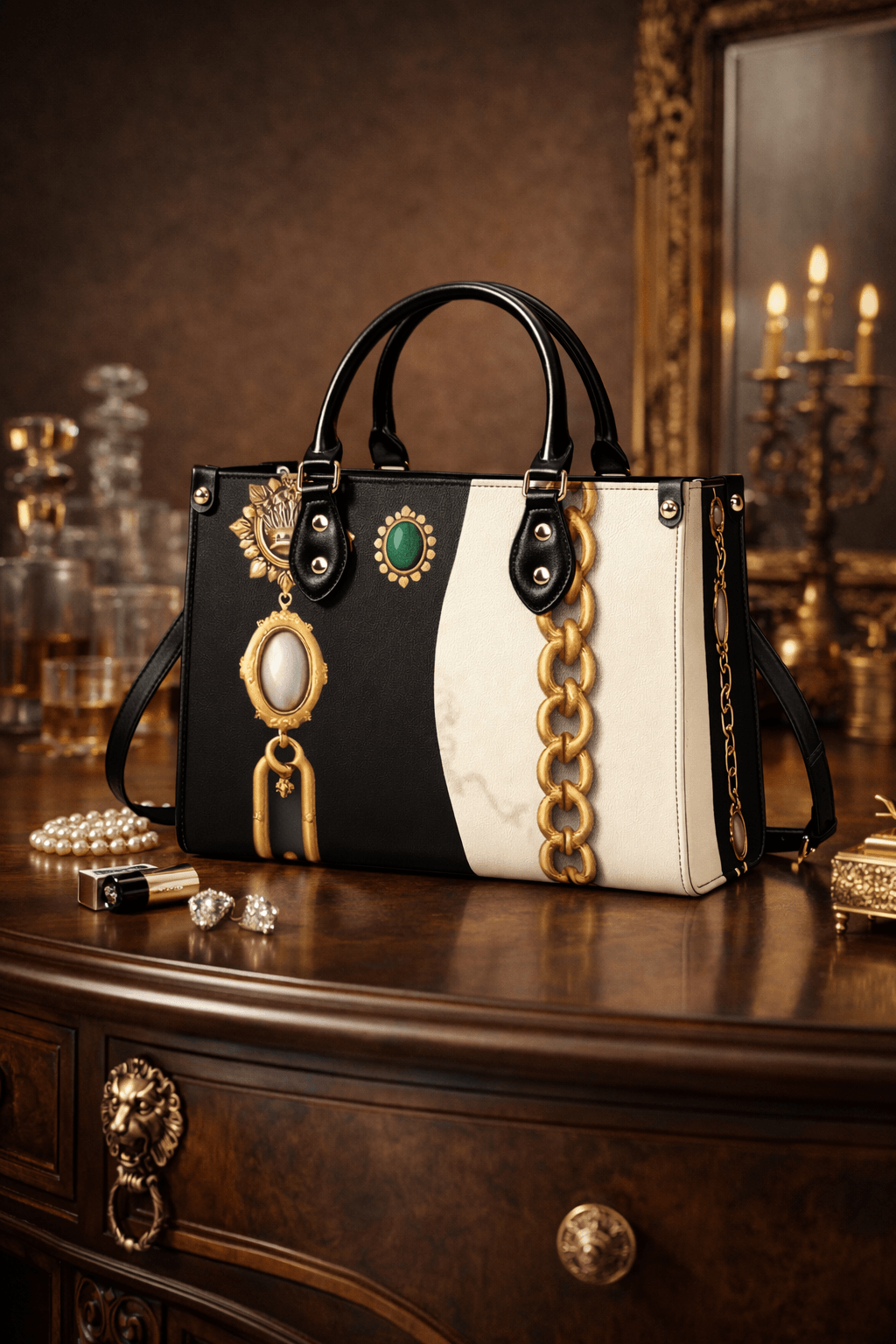 Front view PU leather designer handbag for women in black and white with baroque chain print for elegant occasions