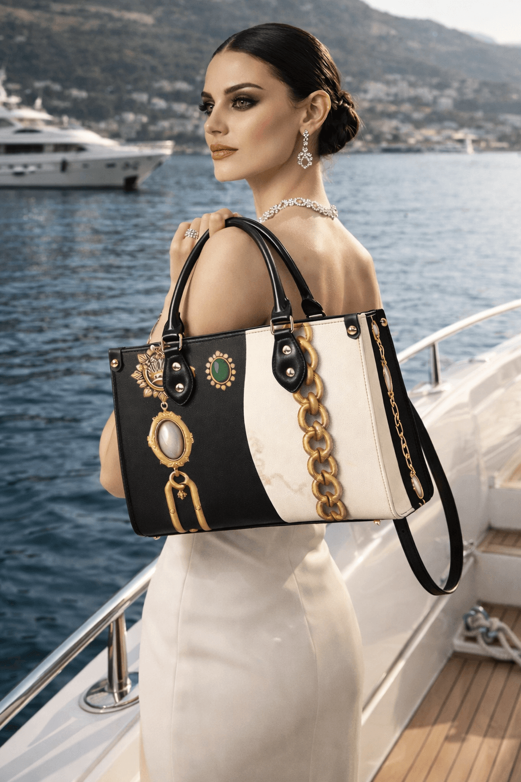 Angelic Blessing PU leather designer handbag for women in black and white with gold chain details, front view, elegant yacht occasion