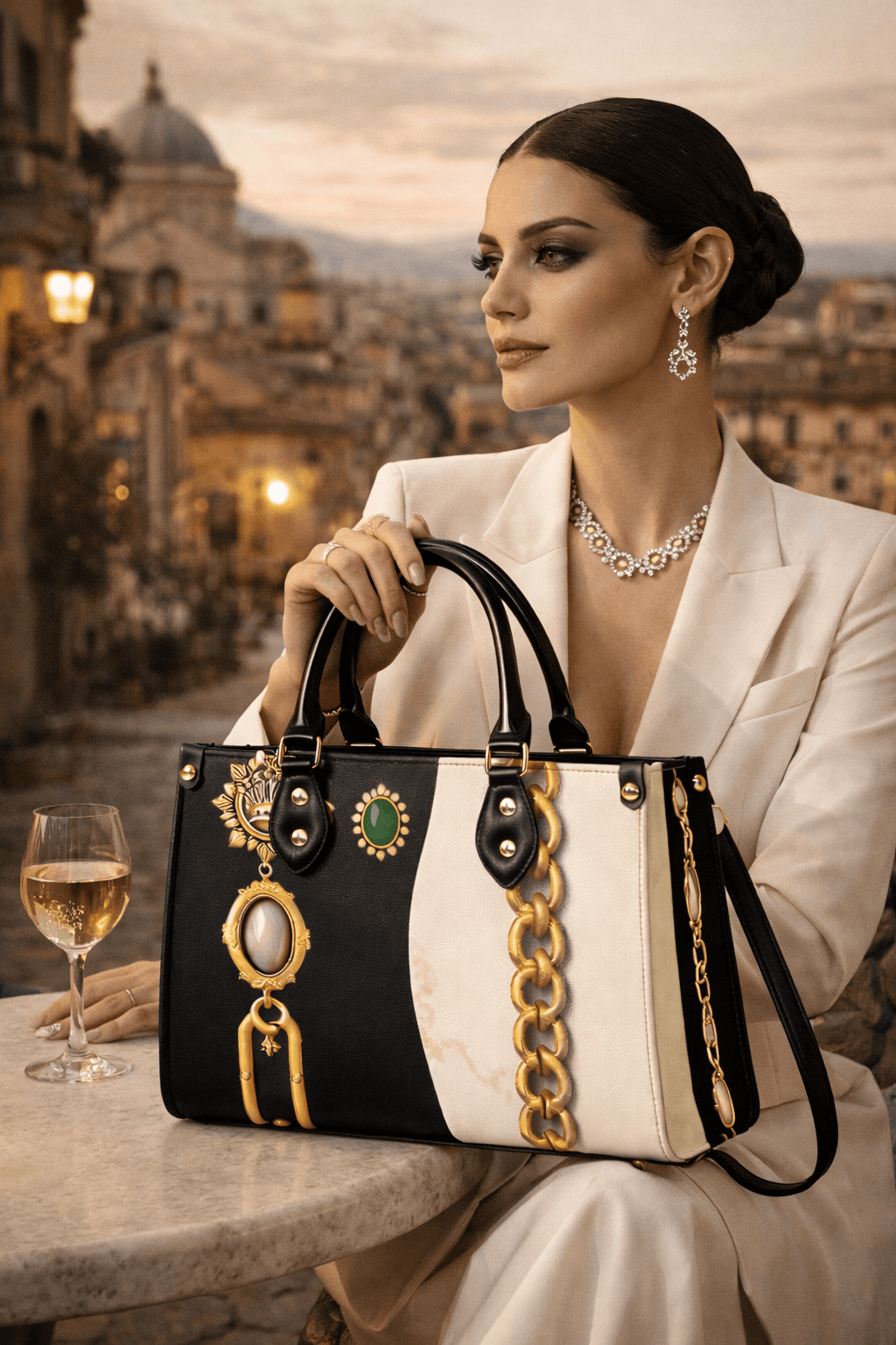 PU leather designer handbag for women in black and white with gold chain detail and gemstone accents, front view, elegant evening style