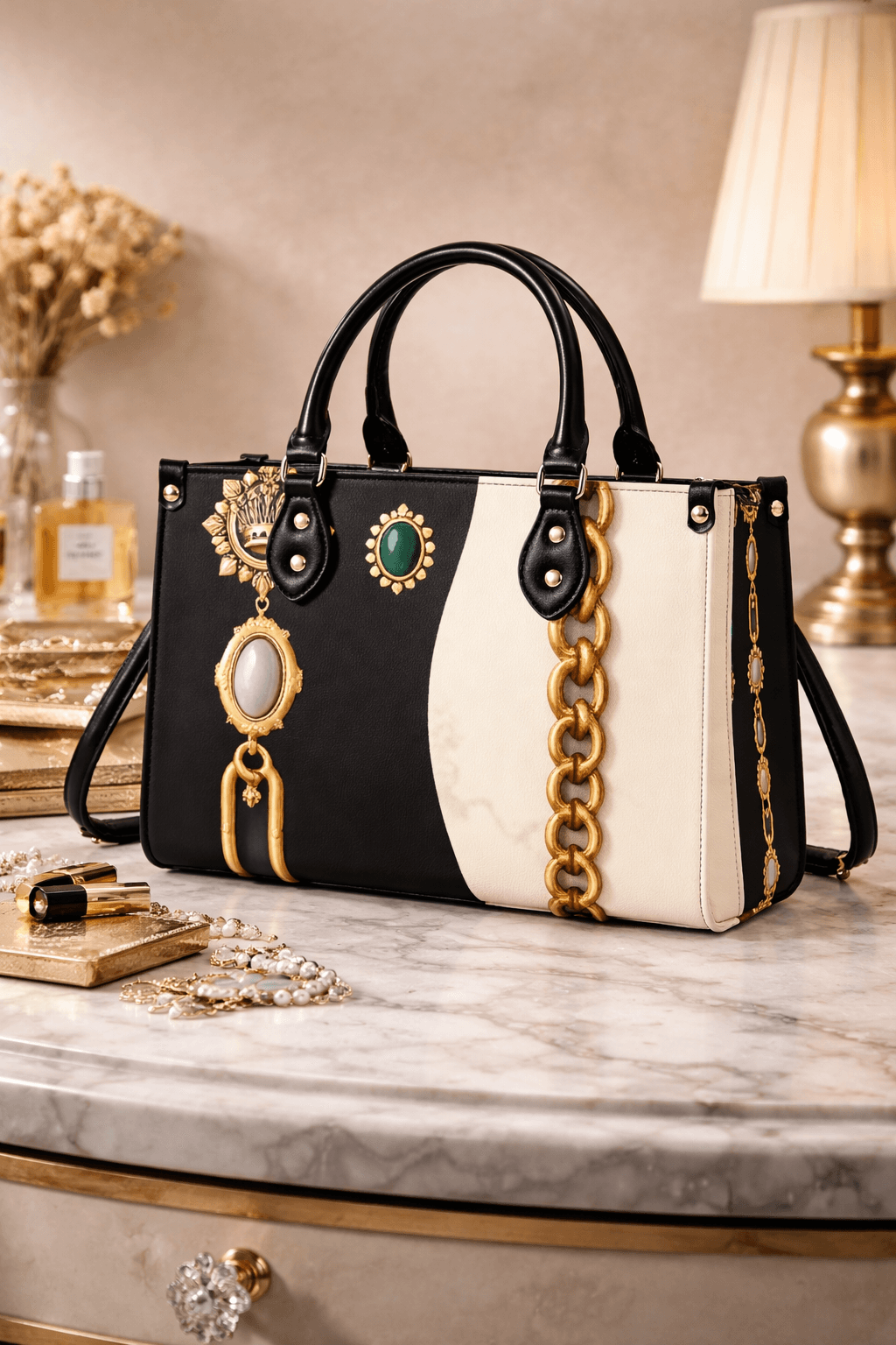Black and white PU leather designer handbag for women with front view and gold chain baroque pattern for elegant occasions