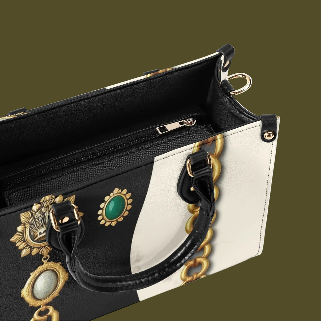 Black and white PU leather designer handbag for women featuring baroque chain print front view perfect for elegant occasions