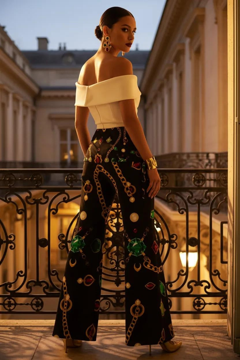 Angelic Blessing women's modern baroque print pants with black background and colorful chain and jewel patterns, wide-leg silhouette