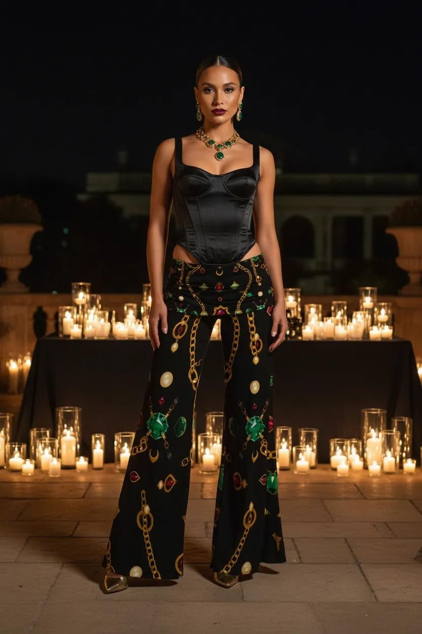 Angelic Blessing women's modern baroque print pants in black with gold chains and green floral pattern, flared silhouette