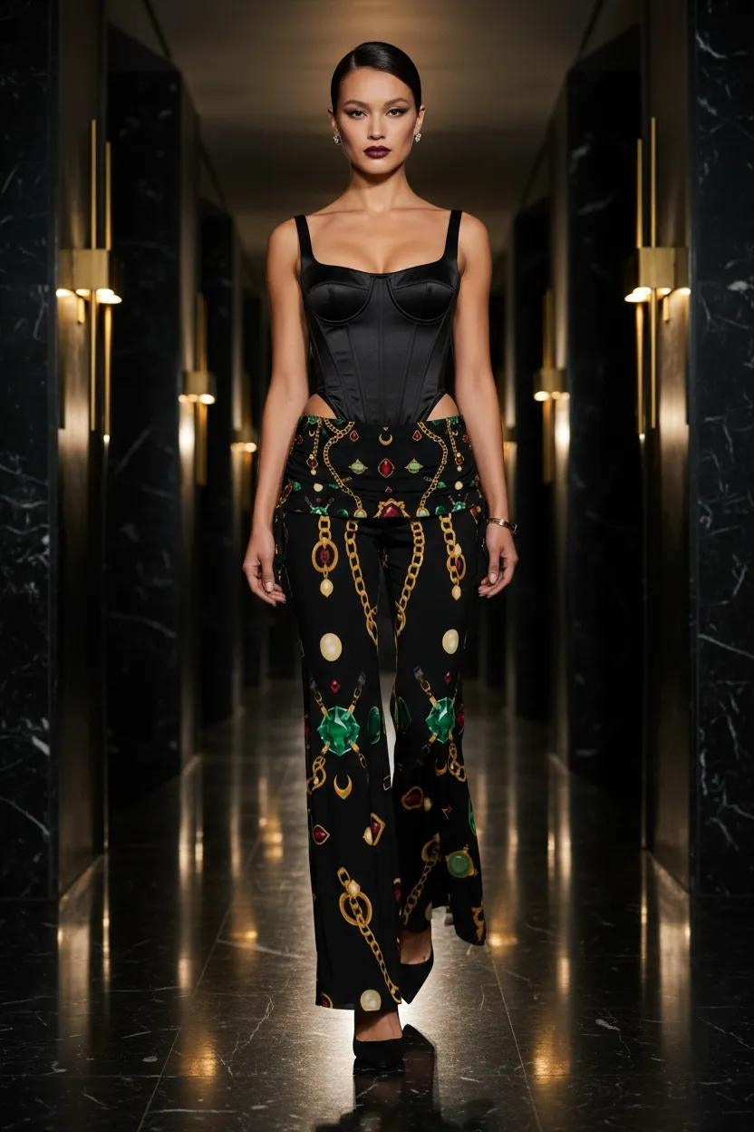 Angelic Blessing women's modern baroque print pants in black with gold chains and green floral accents, fitted silhouette