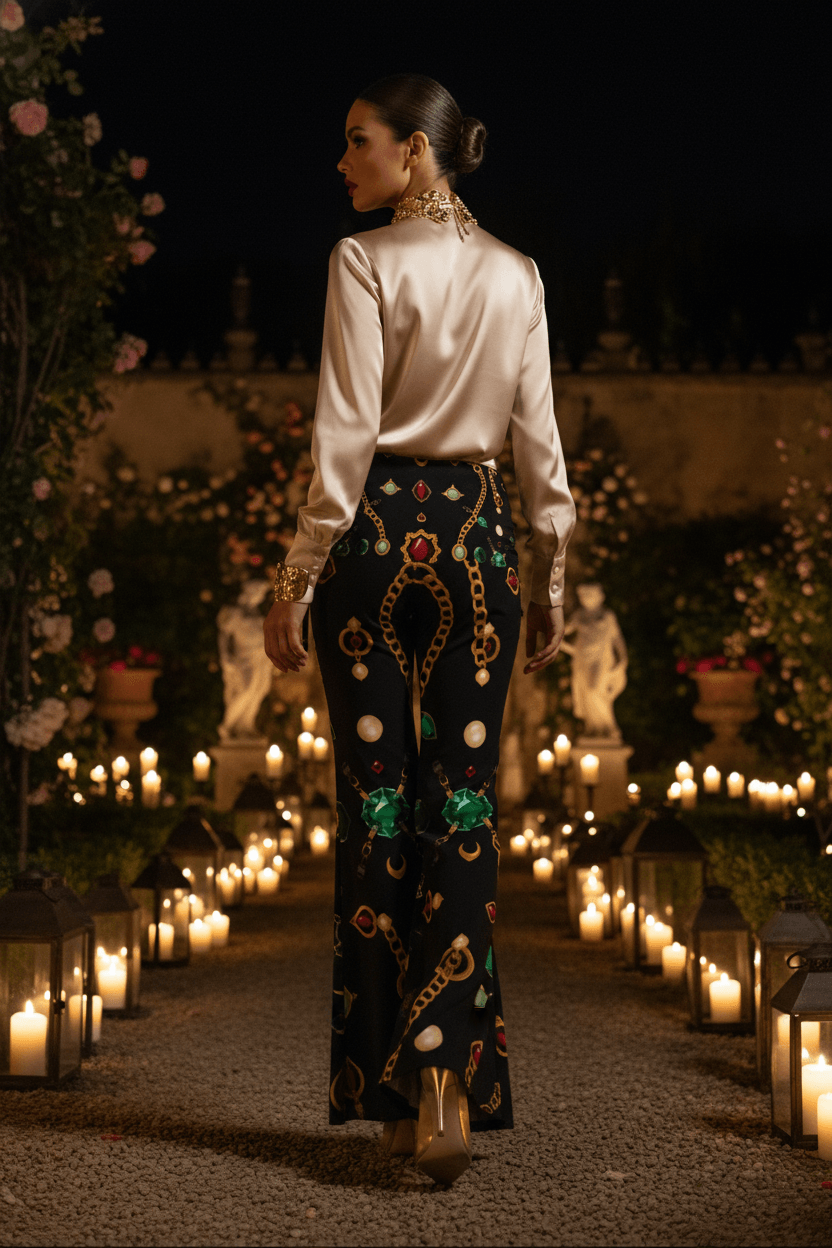 Angelic Blessing women's modern baroque print pants in black with gold and green chain pattern, slim straight silhouette