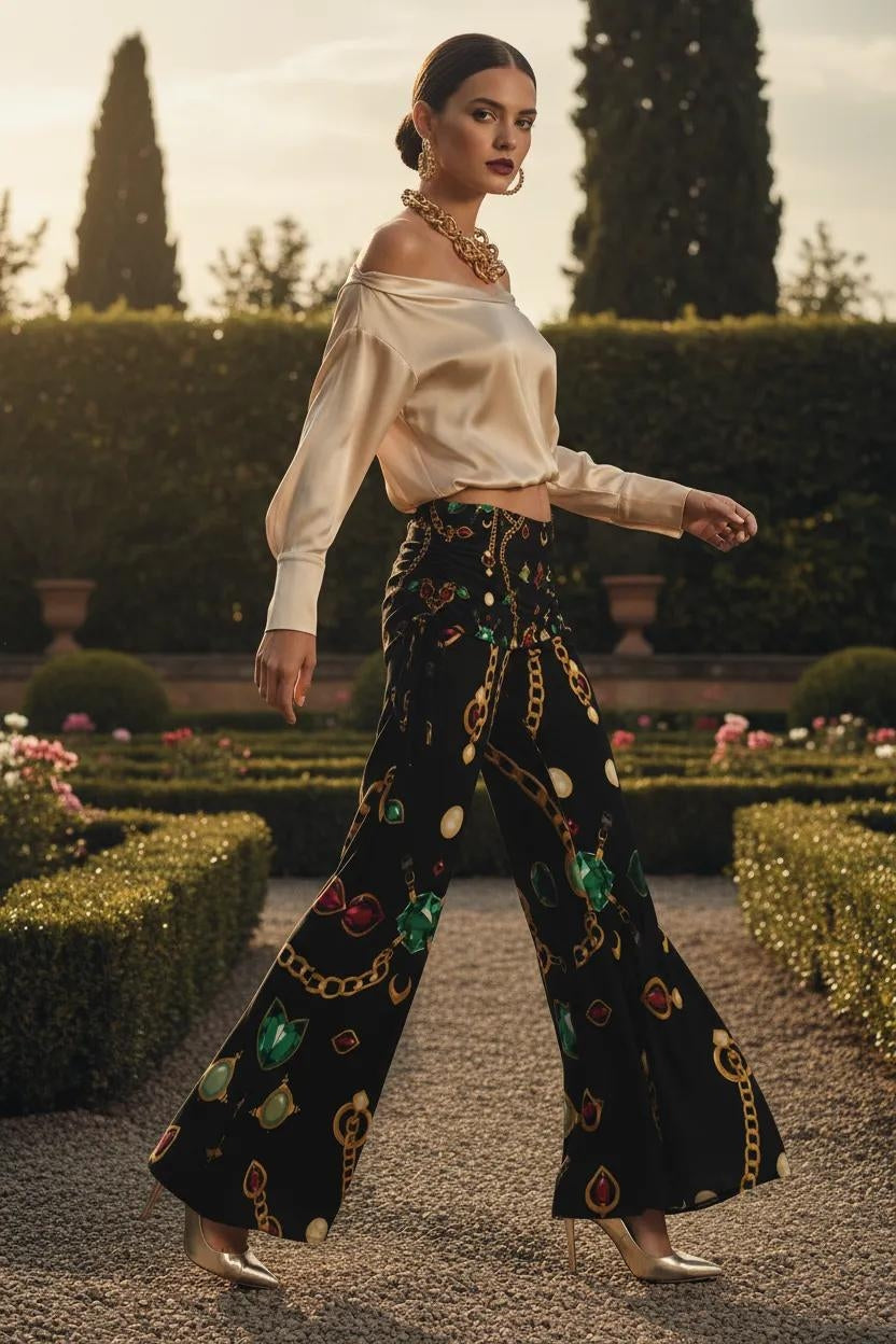 Black women's modern baroque print pants with wide-leg silhouette and gold chain and jewel pattern