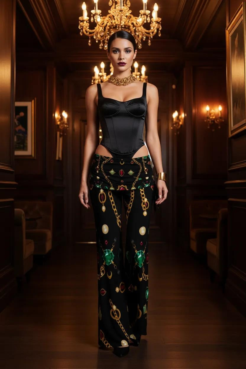 Angelic Blessing women's modern baroque print pants in black with gold chain and jewel motifs, straight silhouette