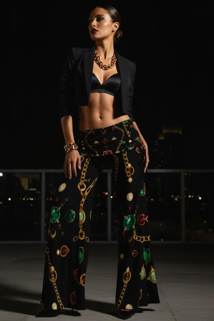 Angelic Blessing women's modern baroque print pants in black with colorful chain and jewel pattern, flared silhouette